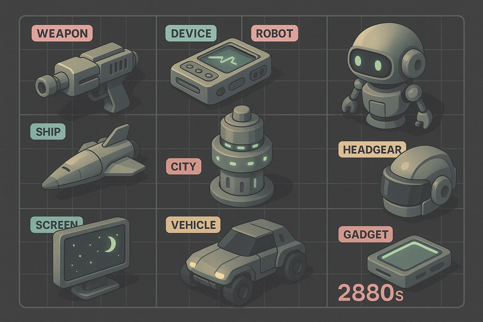 a virtual display, a gray grid with darker gray cells, each cell containing an item viewed in isometric minimalism render The cells have pastel neon colored labels in their upper corner, indicating various traits of the items. retrofuturism, circa 2880's emoji