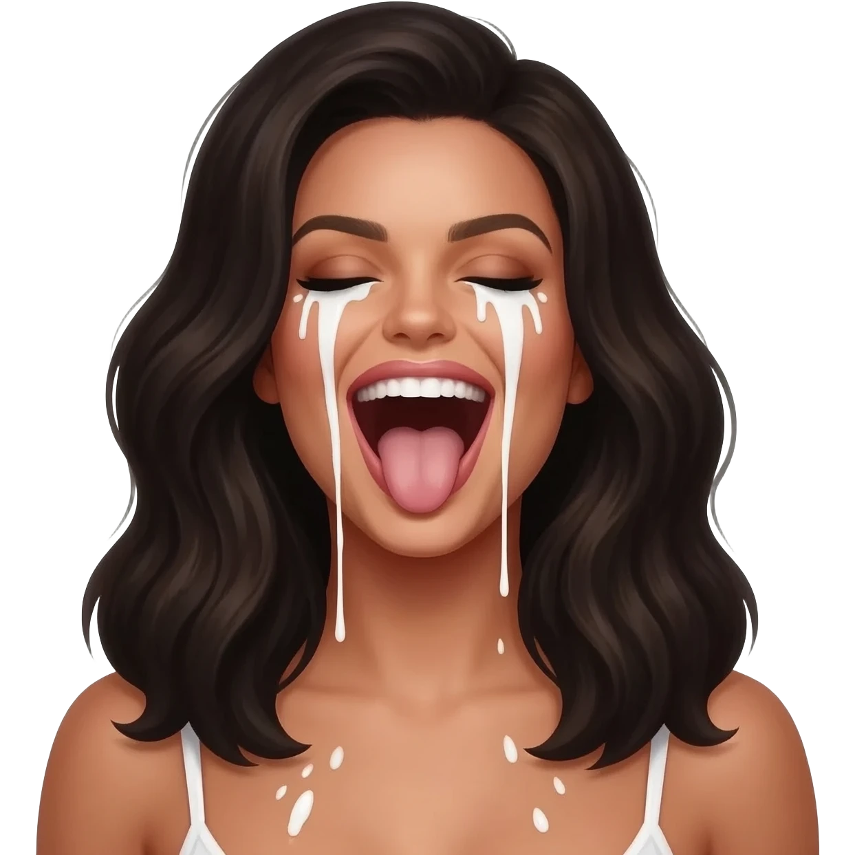 Belle Delphine mouth wide open smiling tongue out viscous thick white liquid on her face emoji