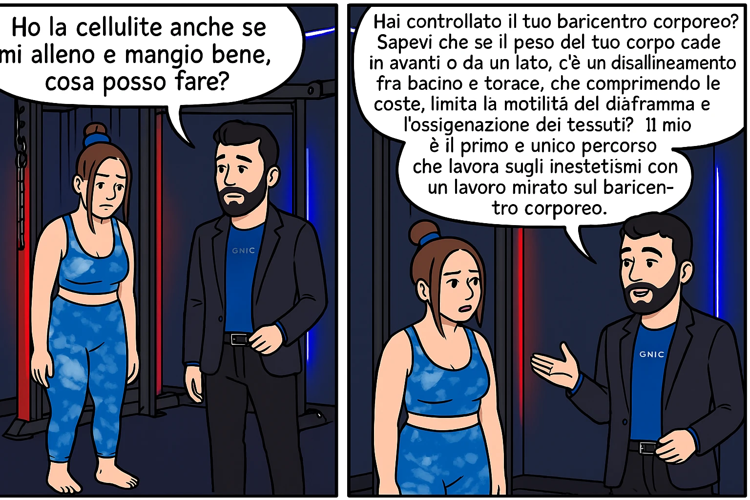 TRASFORMA QUESTO CAROSELLO IN UN FUMETTO CON QUESTE DUE PERSONE IDENTICHE CHE INTERLOQUISCONO TRA LORO:

LEI: Ho la cellulite anche se mi alleno e mangio bene, cosa posso fare?

LUI: Hai controllato il tuo baricentro corporeo?
Sapevi che se il peso del tuo corpo cade in avanti o da un lato, c’è un disallineamento fra bacino e torace, che comprimendo le coste, limita la motilità del diaframma e l’ossigenazione dei tessuti?
Il mio è il primo e unico percorso che lavora sugli inestetismi con un lavoro mirato sul baricentro corporeo. emoji