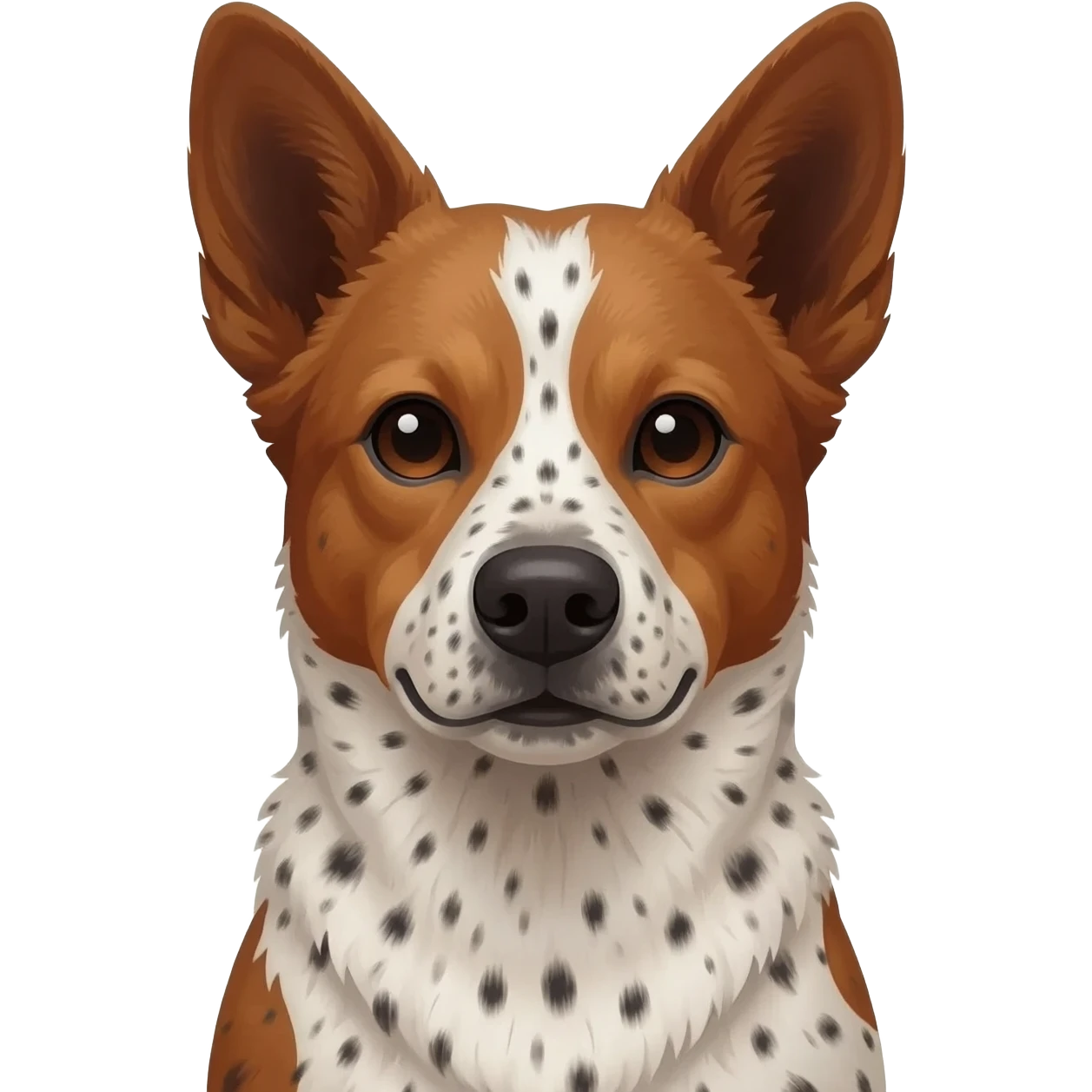 Just face and neck of an bentley stare Australian cattle dog. The body and chest is all red with some white speckles and has a dark muzzle, emoji