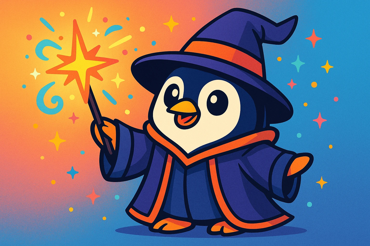 a cute penguin wizard casting a spell, wearing a robe and holding a wand, in a colorful cartoon style, vibrant toon illustration emoji