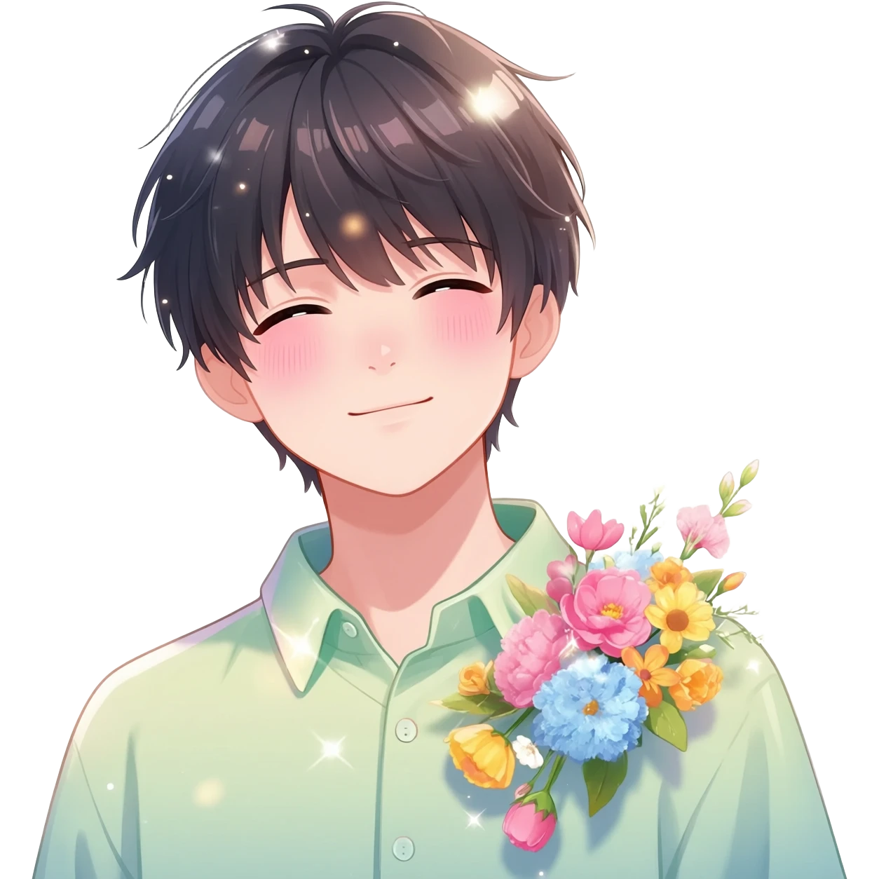 Gorgeous bright sparkly romantic Asian pastel anime guy with blushing face and flowers aesthetic trending style outside emoji