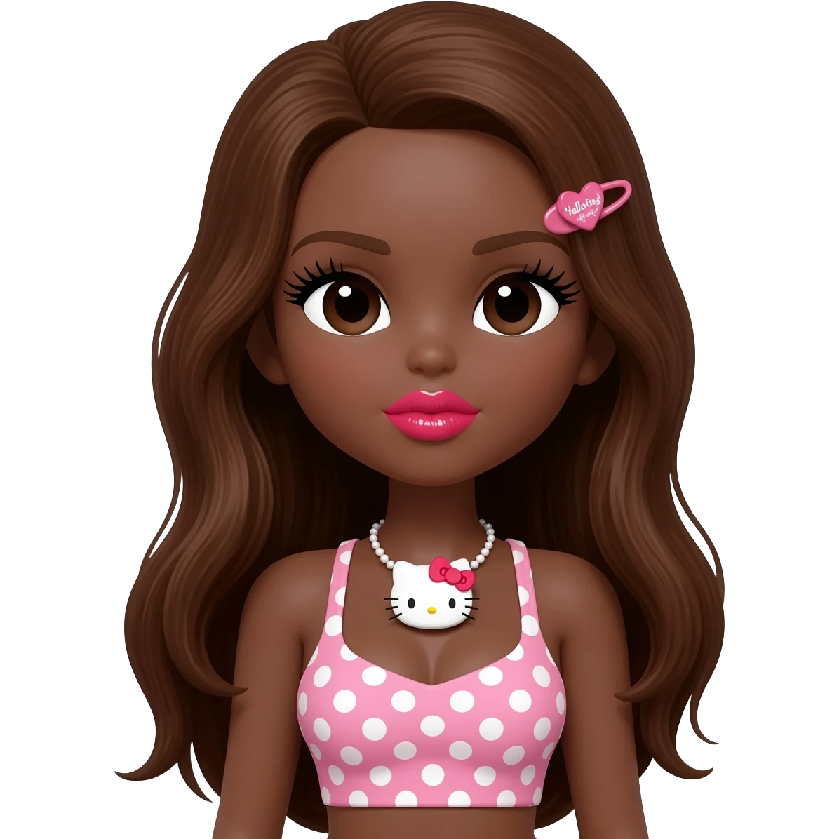heart shaped lips, cute glossy lips, doll eyes with long lashes, dark brown skin, long brown hair, big chest, hello kitty necklace, one bow clip, pink and white polkadot tops emoji