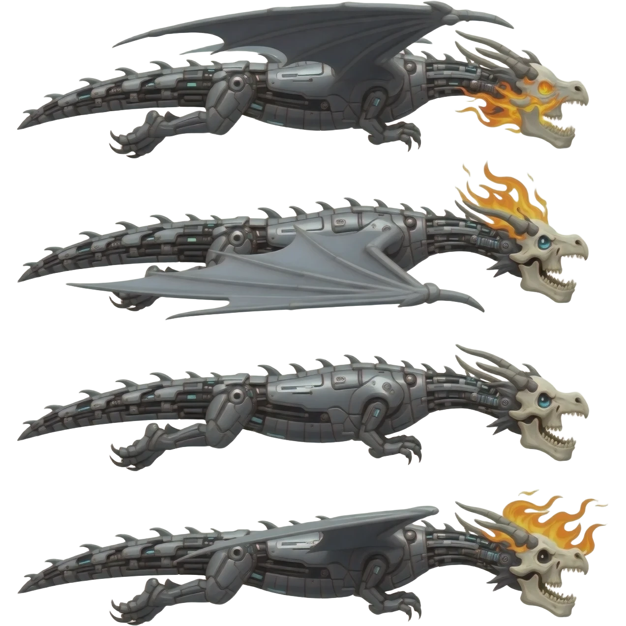 A sprite sheet of a cybernetic dragon with a burning skull head, show all 4 stages of him flying with no back ground, show the 4 stages of him flying in a row, with changing wing positions for each stage of flying, all 4 must be pointing right emoji