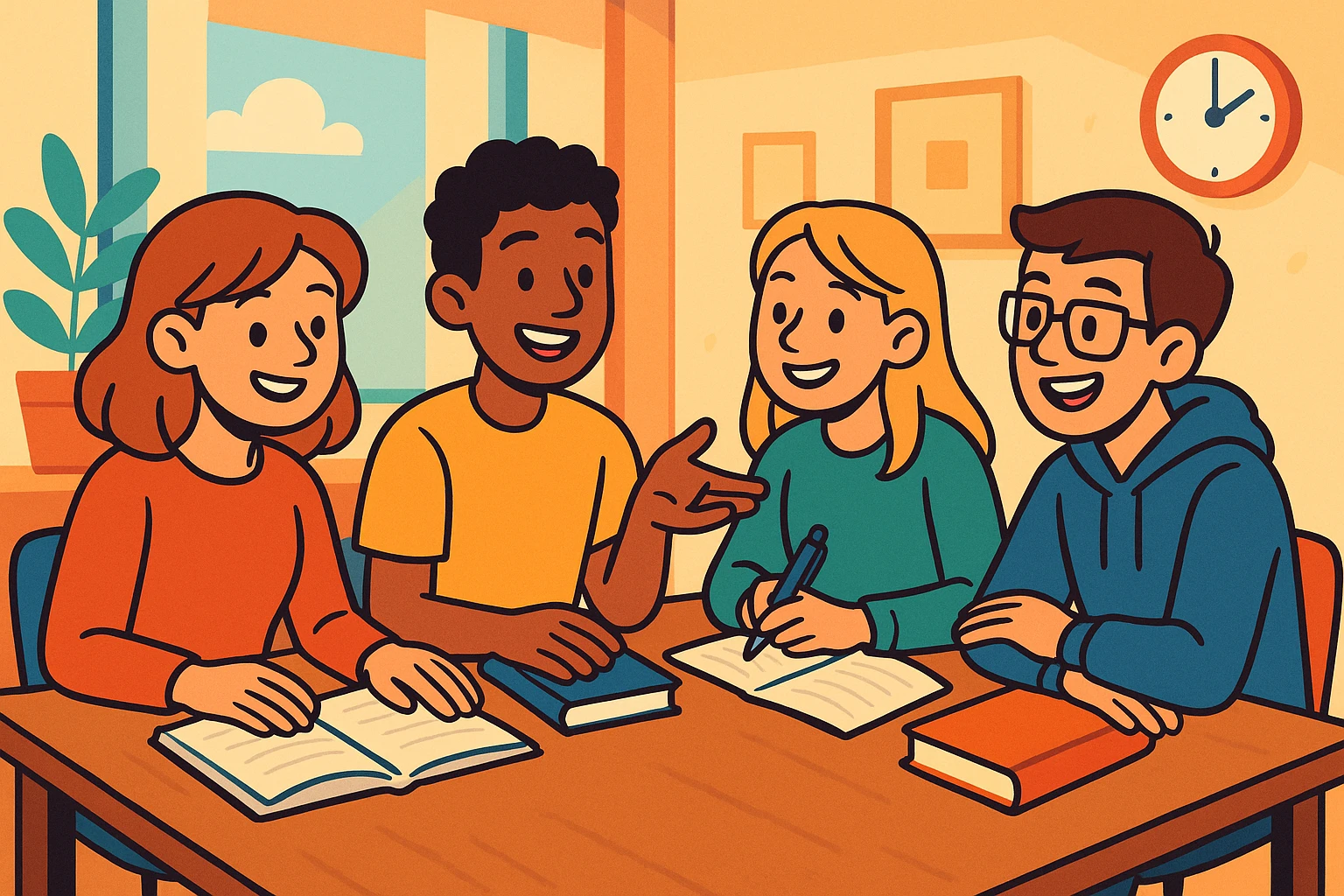 quatre étudiants assis ensemble autour d'une table, en pleine réflexion, discutant et échangeant des idées, ambiance détendue, sourires, fond agréable et lumineux, style illustration moderne, couleurs douces et chaleureuses emoji