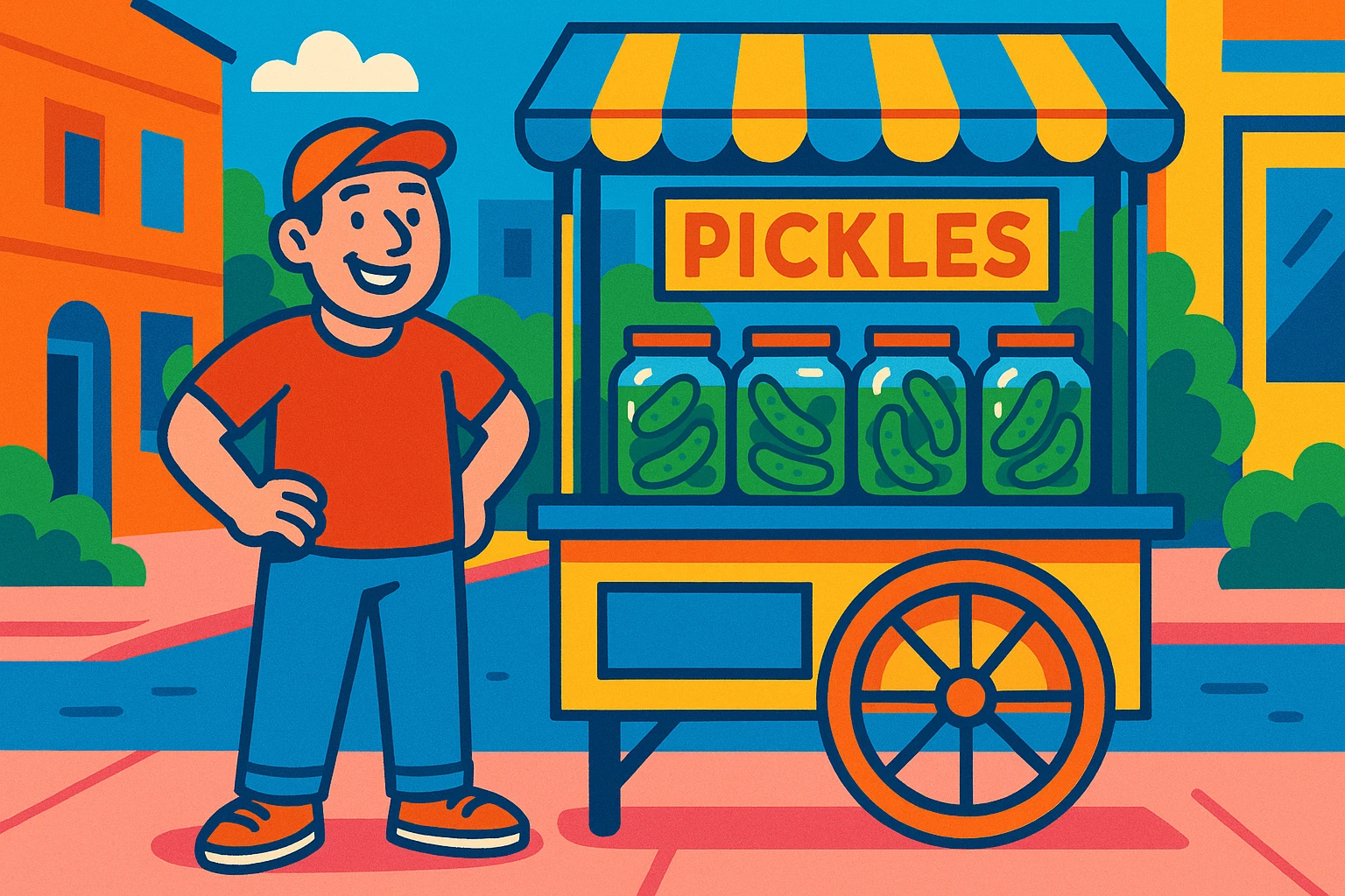 a man standing beside a pickle cart, vibrant toon style emoji