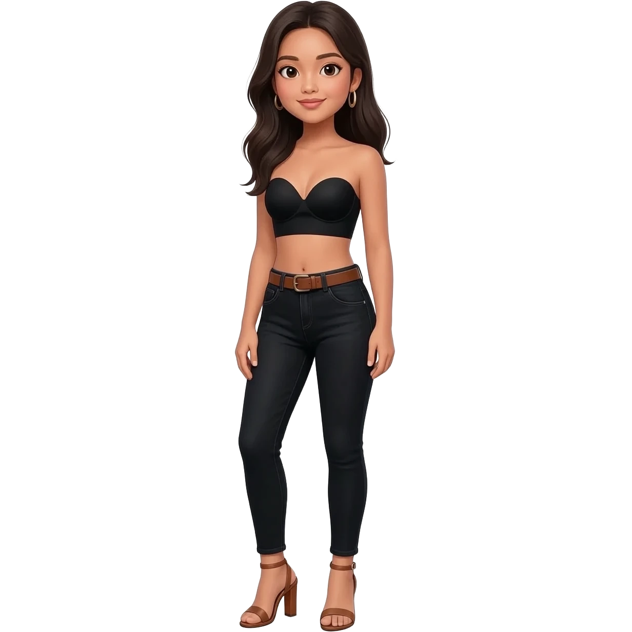 Filipino girl black bra strapless top and high waisted black jeans with brown belt with feet stand straight body wear pageant high heels sandals brown emoji