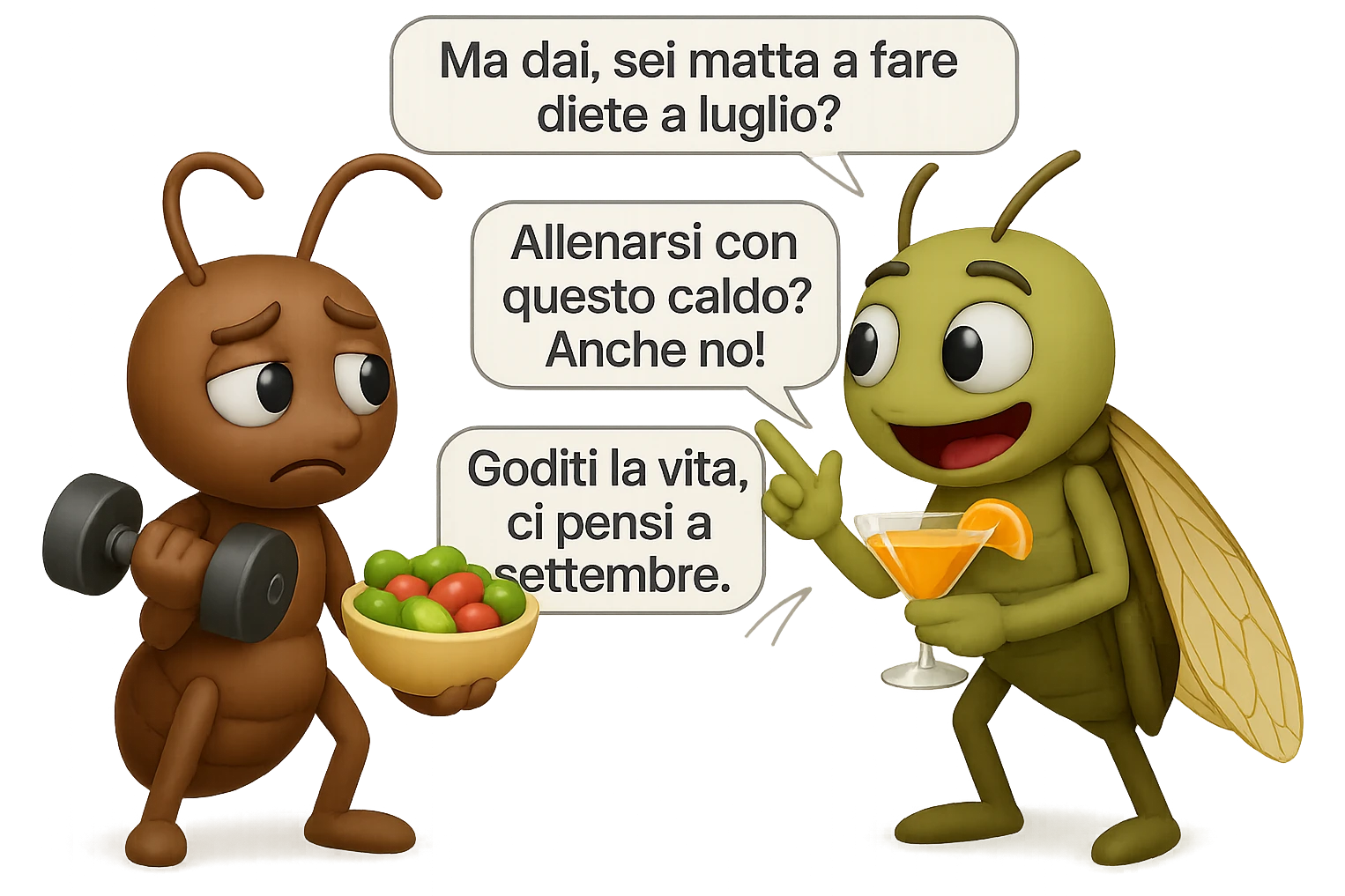 EMOJI STILE IPHONE 3D DI una cicala e una formica che parlano tra loro, la formica ha nella mano destra un manubrio da palestra e nella nella mano sinistra una bowl di insalata, la cicala invece ha un cocktail in mano, la cicala prende in giro la formica E LE DICE IN 3 FUMETTI DIFFERENTI: "Ma dai, sei matta a fare diete a luglio?”
“Allenarsi con questo caldo? Anche no!”
“Goditi la vita, ci pensi a settembre.”
 emoji