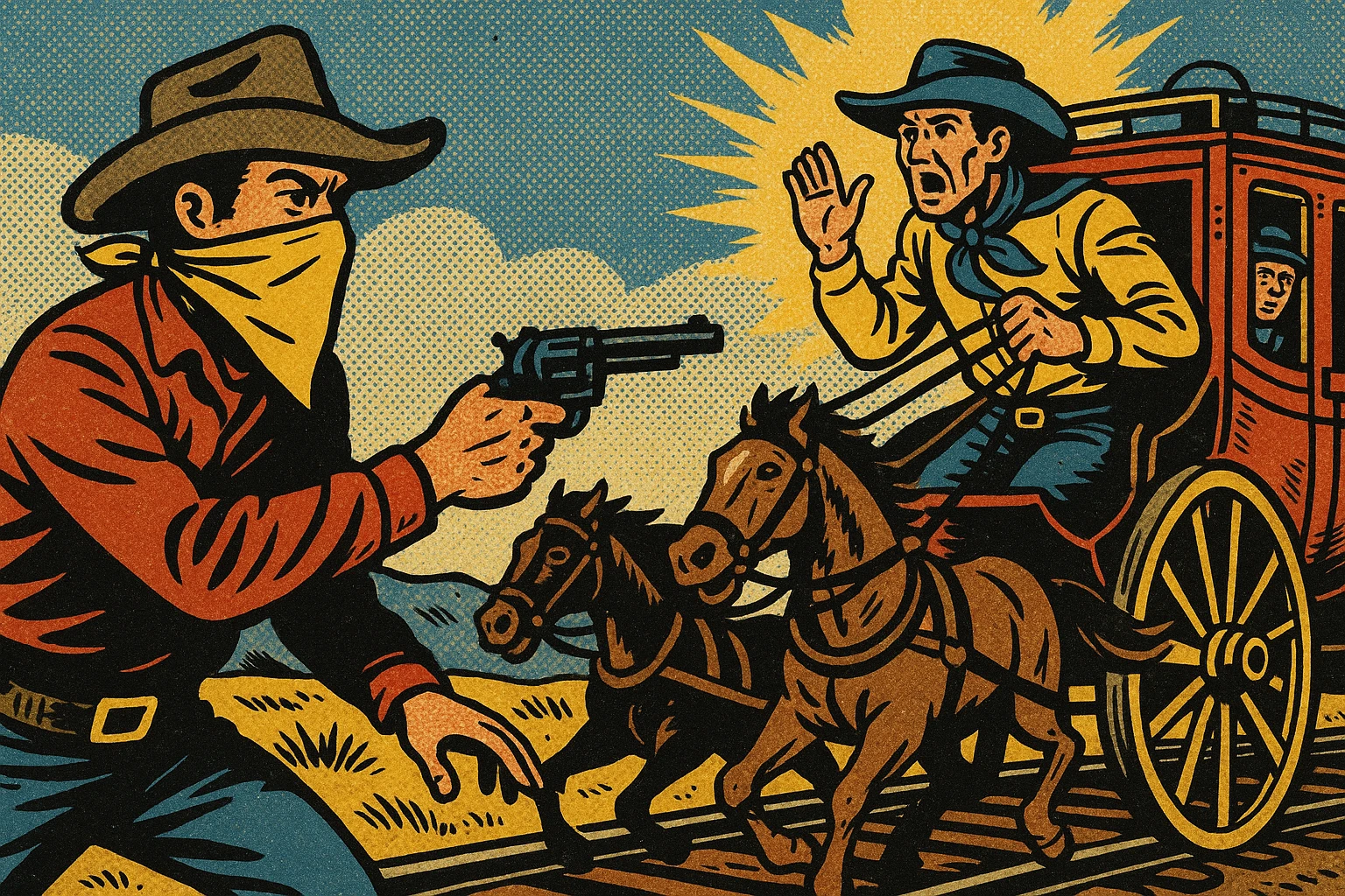 An American West stagecoach robbery scene on the tracks of the Great Plains emoji