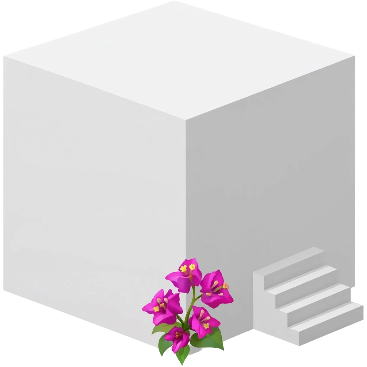 create an emoji of a big white cube with a couple bougainvillier flowers at the front corner, there should be 4 stairs on the right side of the bloc going towards the center stage coming from the top of the  bloc emoji