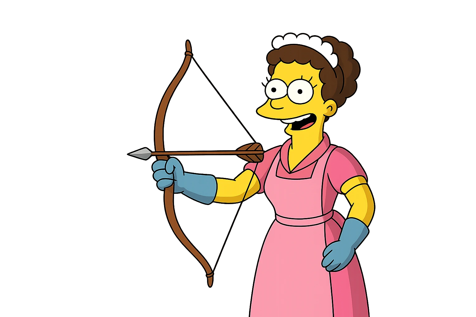Regenerate the image keeping the same angle, facial expression, clothing, size ratio, and shapes, but replace the spray bottle in the hand with a medieval bow. Maintain the style and color scheme as in the original image. Transparent background. emoji