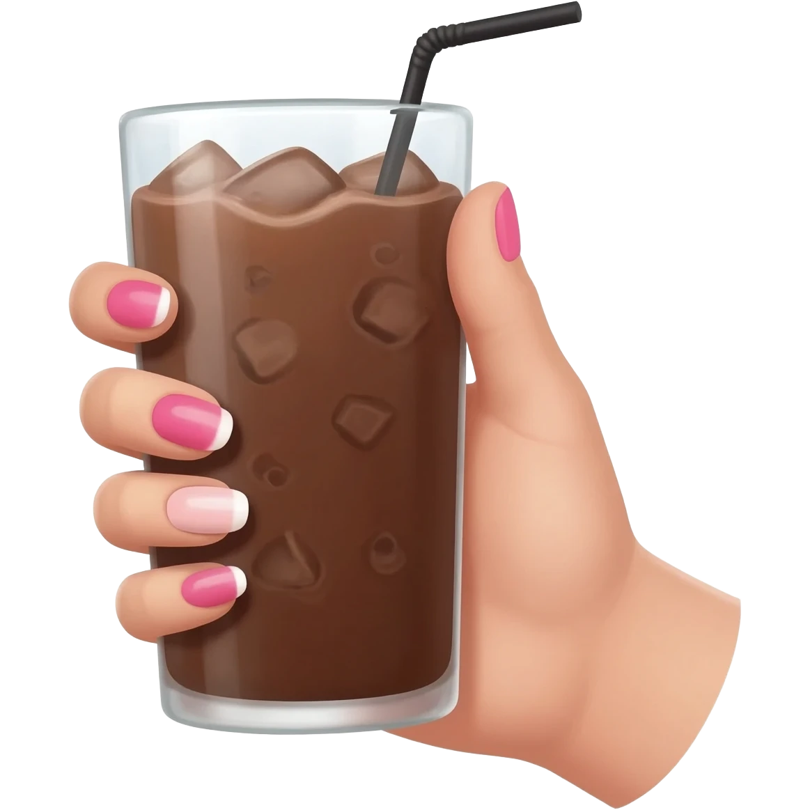 chocolat froid dans un grand verre avec une paille tenue par le bout d'une jolie main de femme avec une belle manucure Style Pinterest réaliste Avec une bordure b blanche emoji
