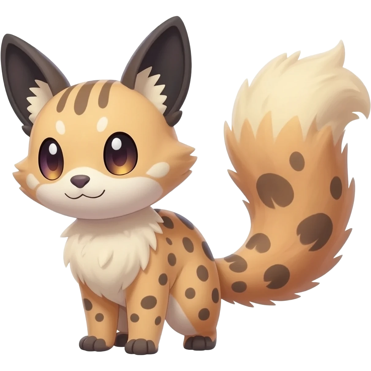Hyper realistic  beautiful elegant pretty precious cute  Fakémon-Pokémon-opossum-feline-serval-caracal-chinchilla-Furret-Minccino-hybrid-creature with a big fluffy bushy tail (full body) emoji