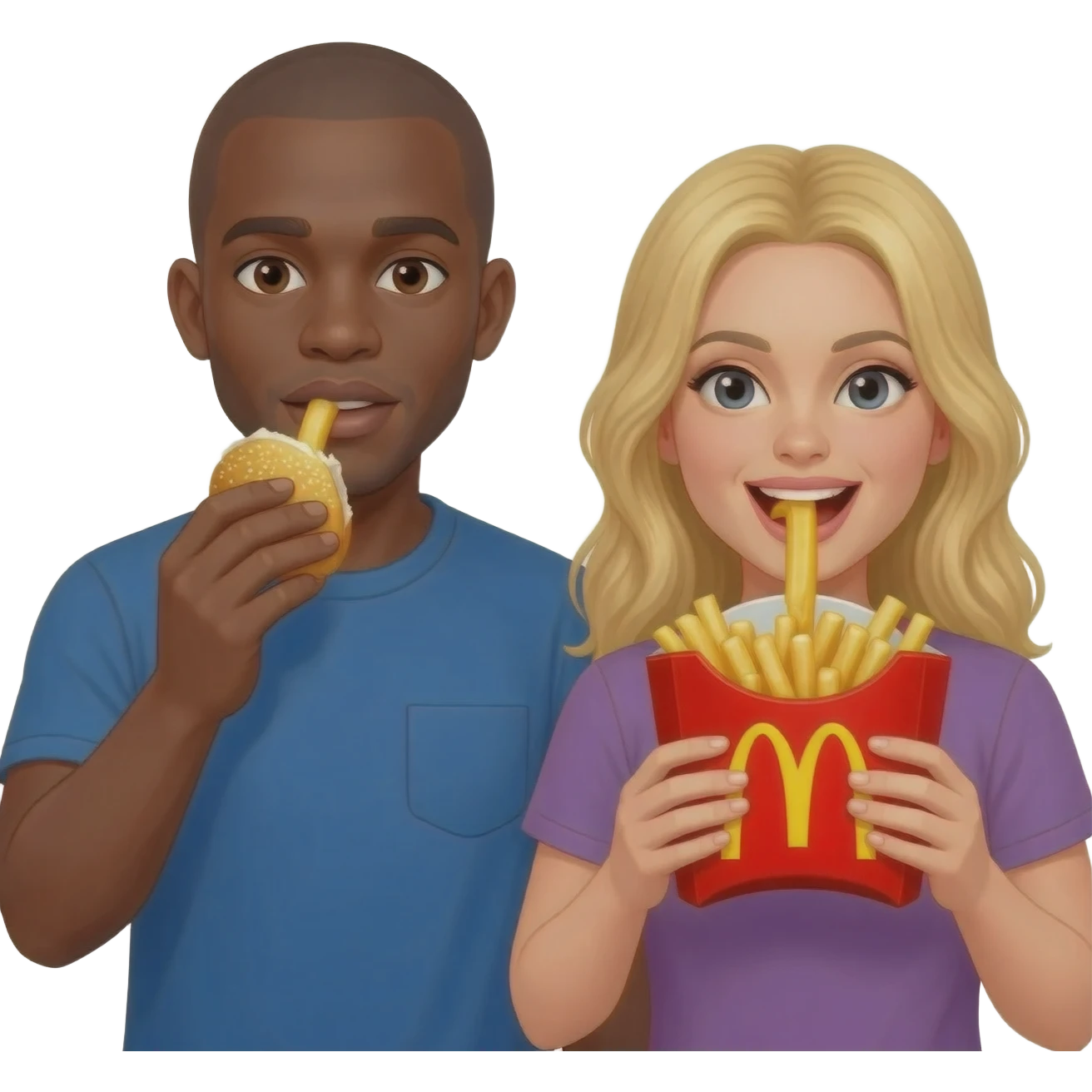 Black man with shaved head and blonde woman eating McDonald's together emoji