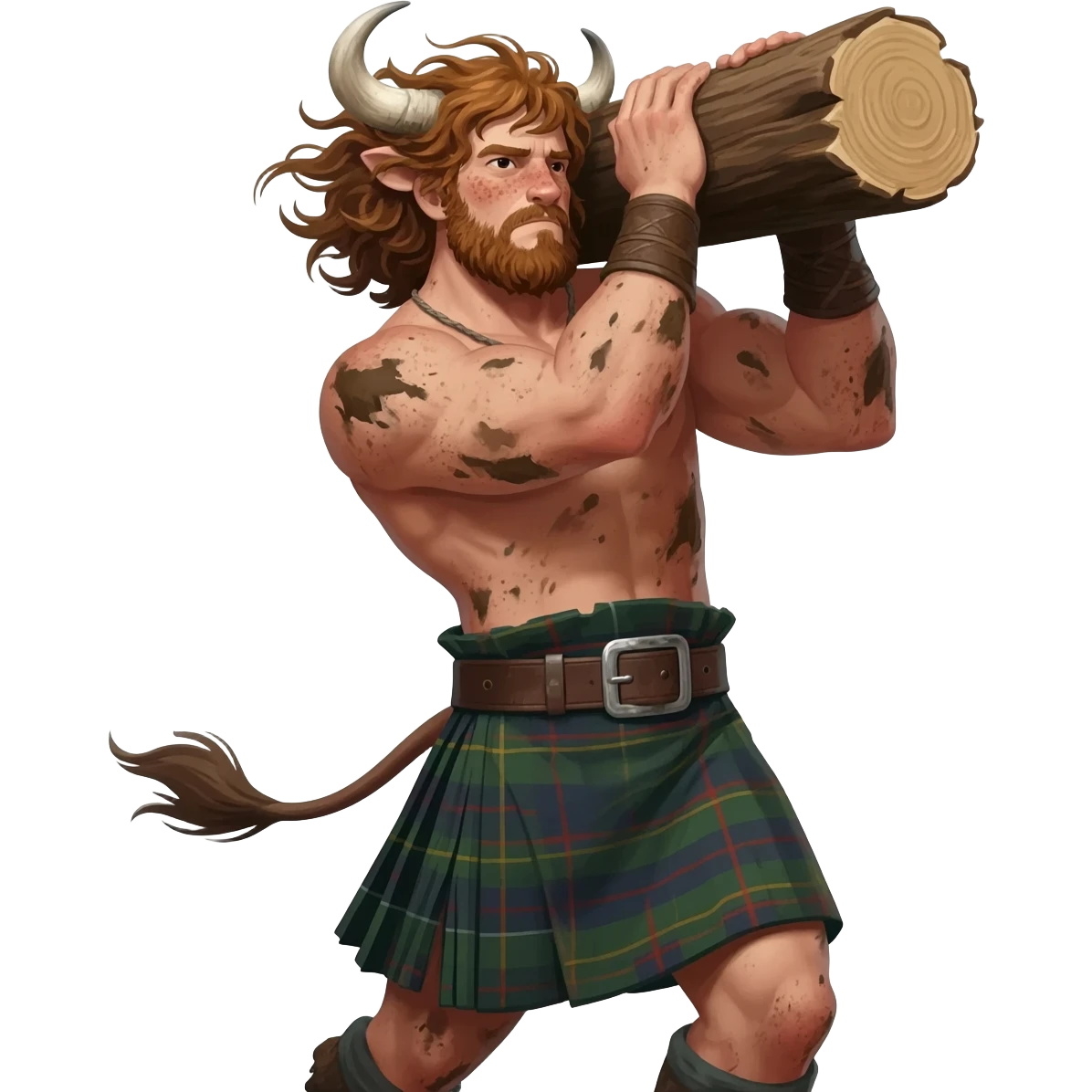 buff curly hairy man covered in dirt with freckles with messy light brown bangs that covers his face completely with bull horns and bull ears and bull tail dressed in kilt lifting large log with wind in his hair with belt around his chest emoji