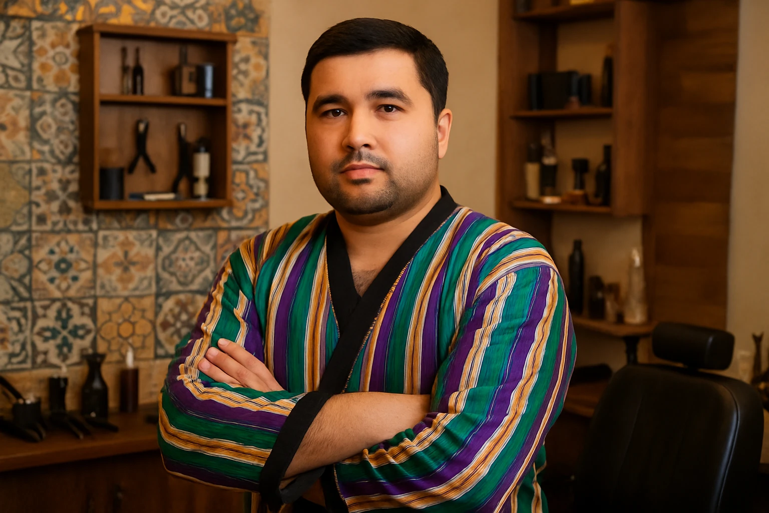 uzbek sartaroshi qo'lini qovushtirib turibdi yon taraf sal pastroq rakusdan emoji