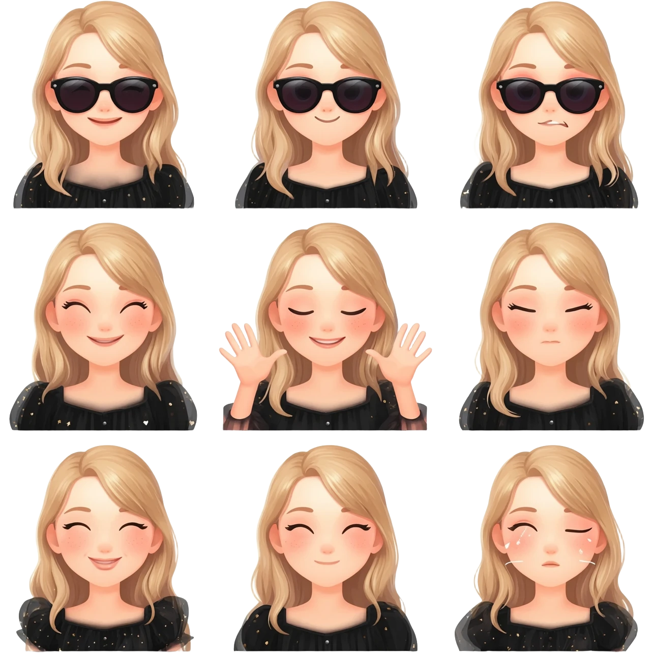 smiling face, cute face, luxury face & loving face, laughing face, beauty face, sunglass face generates 7 different emoji wearing black color Abbayah  sweet girl emoji