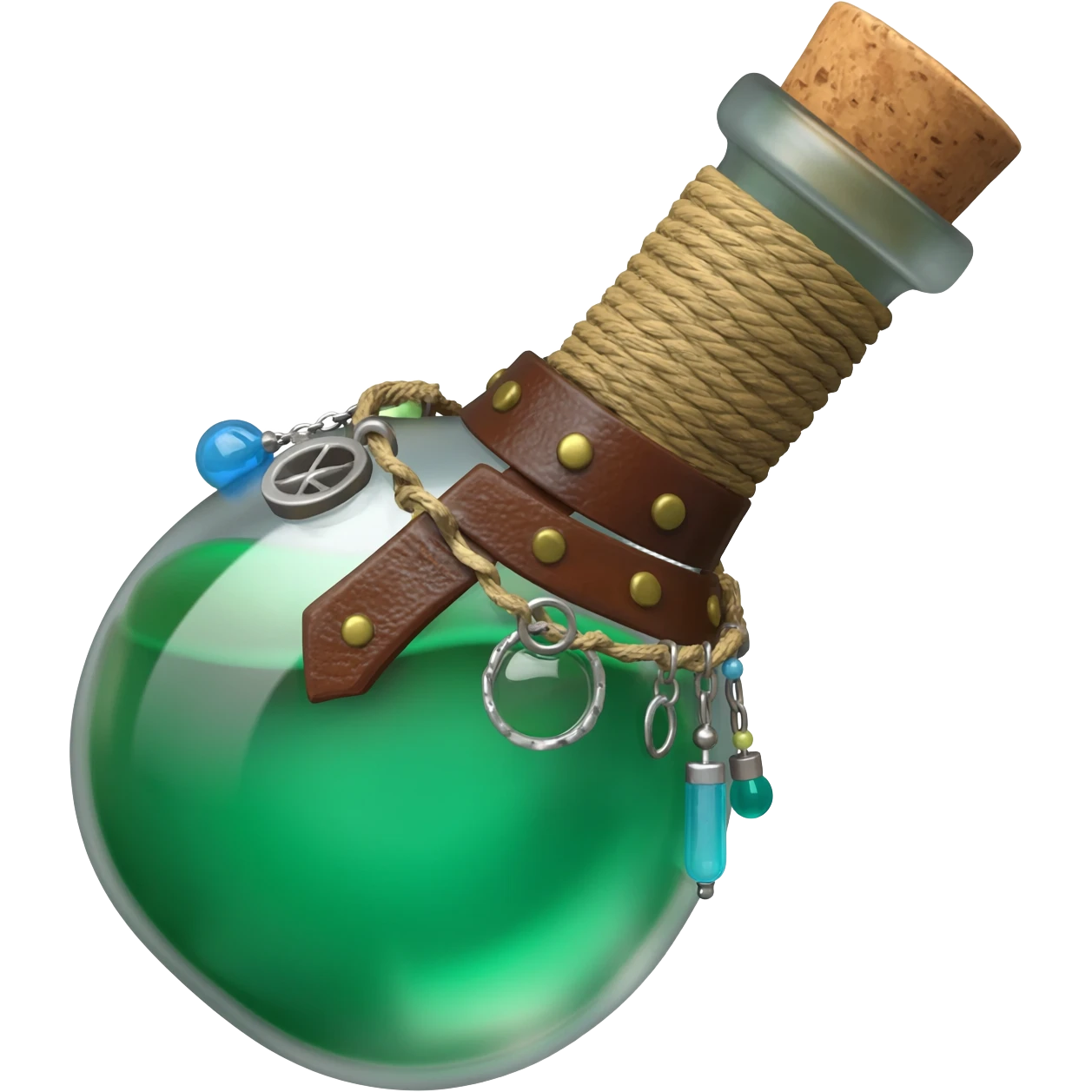 an empty round potion bottle a little rotated with a cork and decorations on the bottle like ropes and belts and random stuff emoji