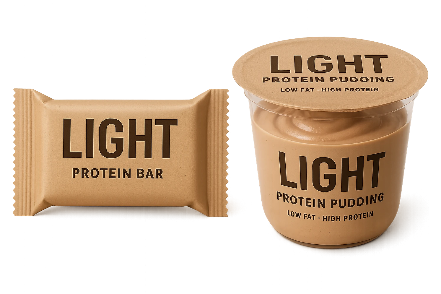BARRETTA PROTEICA CON LA SCRITTA "LIGHT" SULL'ETICHETTA E BUDINO PROTEICO CON LA SCRITTA "LIGHT" SULL'ETICHETTA, IPERREALISTICA 4K emoji
