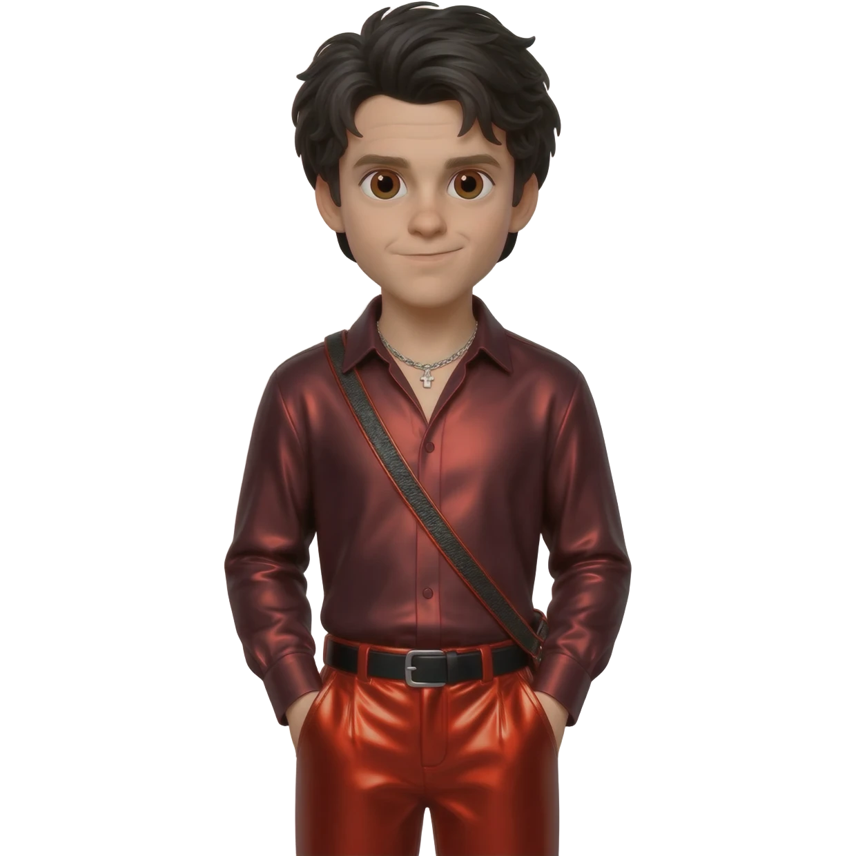 Ezra Miller with brown eyes, black long hair, dark red metallic shirt, red metallic baggy pants, silver necklace emoji