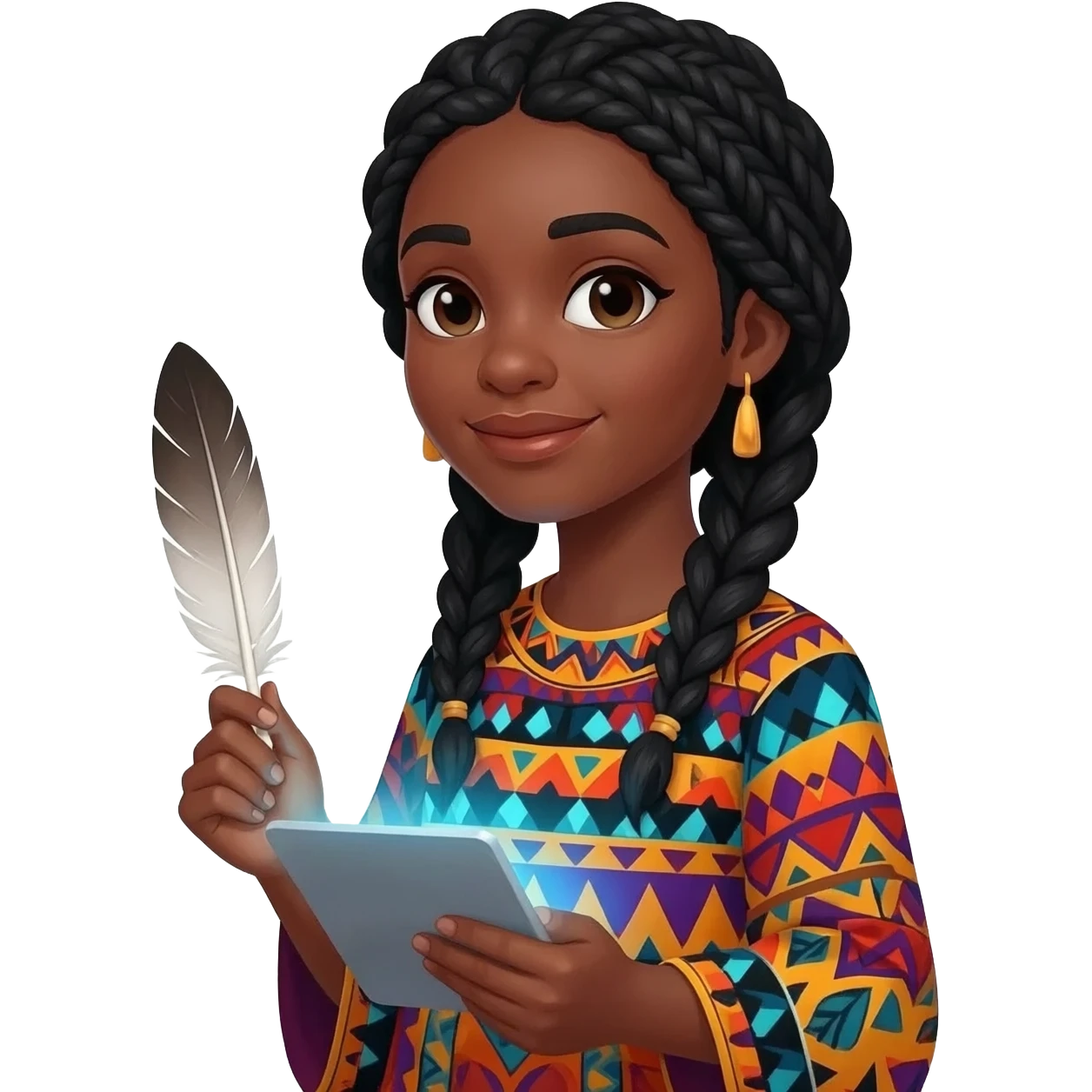 Émoji représentant une femme peau marron avec des longues nattes noires, des habits colorés, tenant une plume dans une main et une tablette dans l'autre emoji