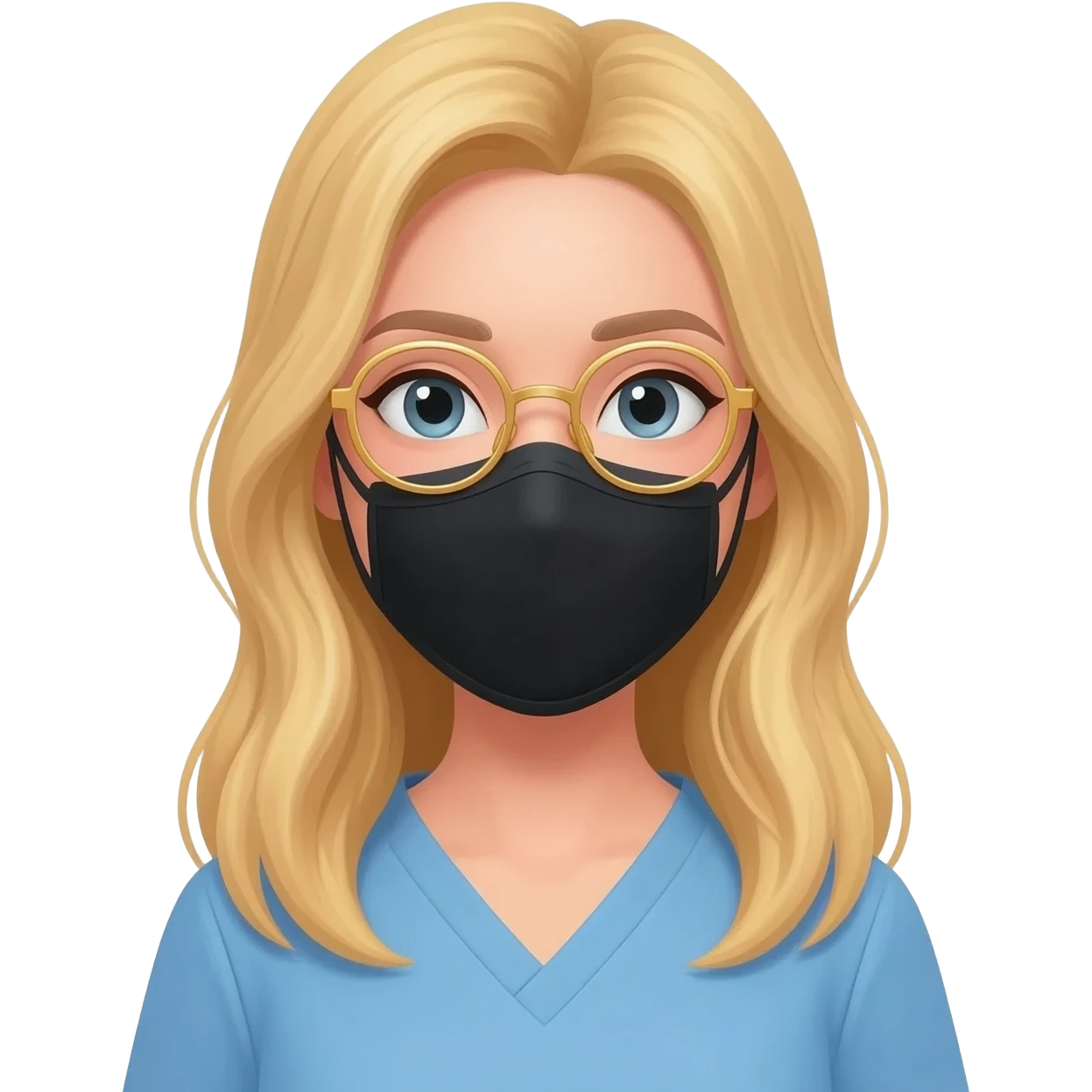 A woman dentist with long blond hair and round Golden eyeglasses, she uses a black mask emoji