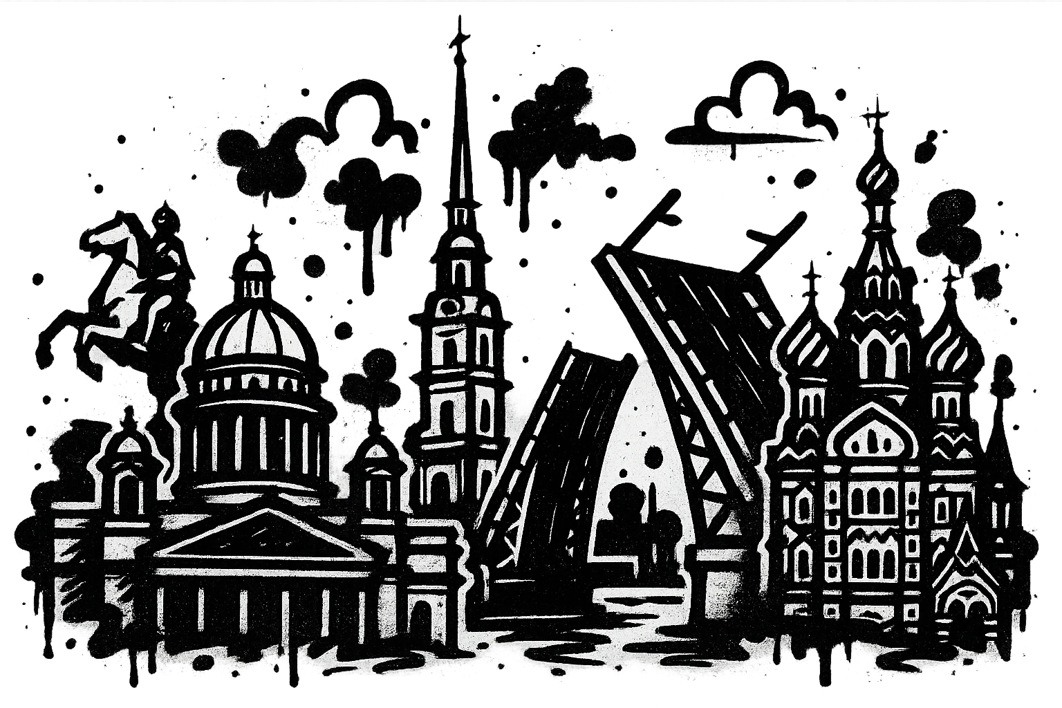 Сделай png рисунок Санкт-Петербурга в стиле граффити. Граффити черно-белое. Надписи не делай.  emoji