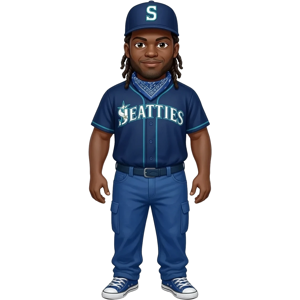 Fat Crip with braids a Seattle Mariners "S" hat blue bandana around neck with blue dickies pants and blue converse all star shoe and blue Seattle Mariners jersey emoji