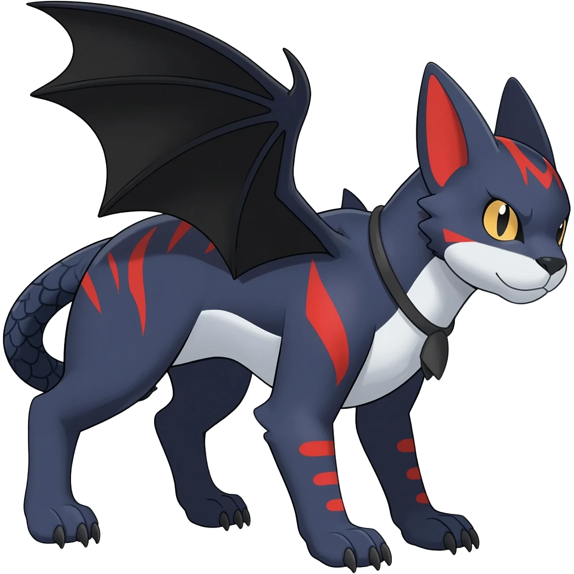 midnight blue-gray-black, with red markings, white belly, scaley scaly batty feline-like quadrupedal digitigrade cute cool handsome badass realistic feral Bastet-Noibat-Gatomon-Garchomp-Digimon-Fakémon-Pokémon-creature (full body) emoji