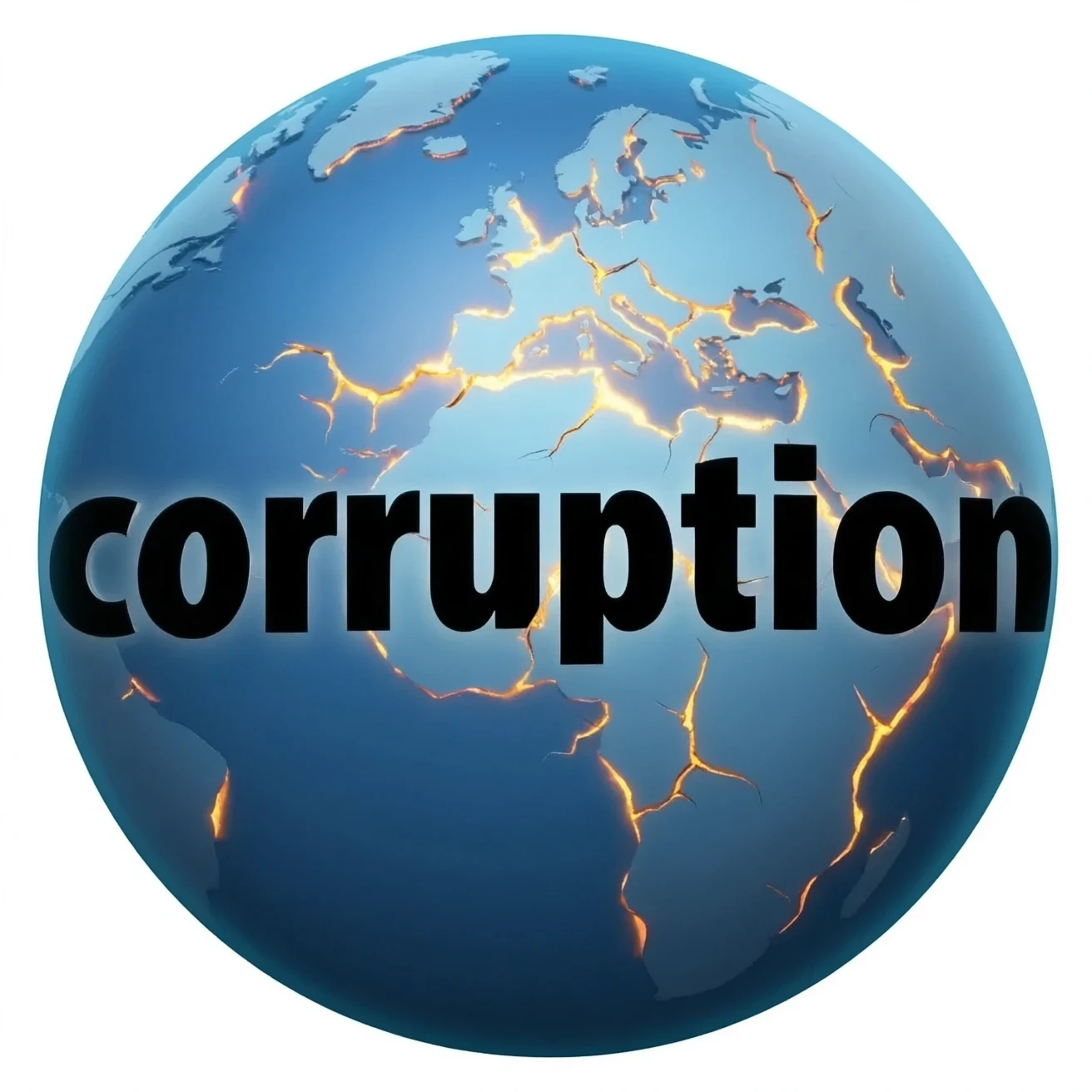 a blue burning planet in a realistic style that has "corruption" written on it with black letters emoji