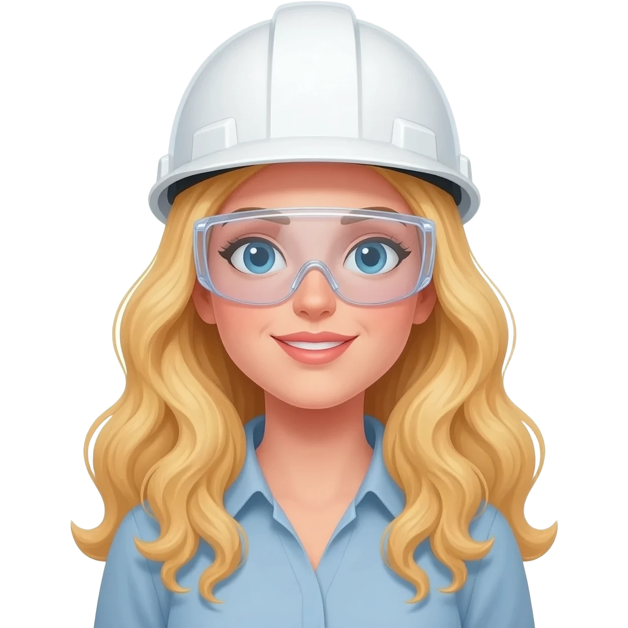 Emoji casco blanco construcción con lentes, mujer pelo largo con rulos en las puntas rubio emoji