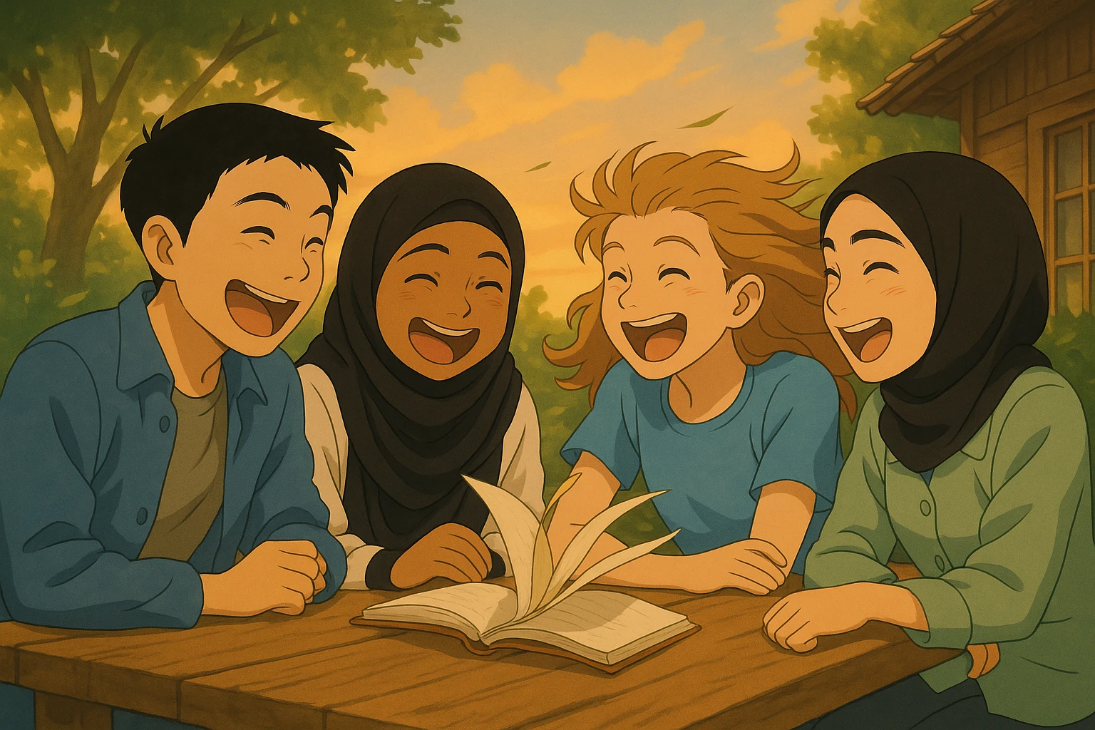 Direct continuation: the whole group is laughing together, the wind still blowing, pages of the book lifting. Joyful atmosphere, same group of students, same outdoor setting, in Ghibli style. emoji