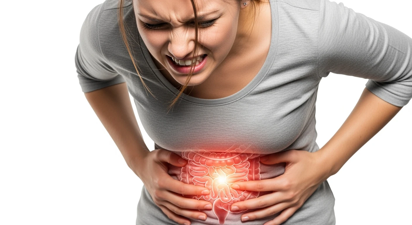donna piegata in avanti frontalmente con mal di pancia, espressione di dolore in volto in primo piano e intestino anatomico in evidenza, iperrealistico 4k, sfondo bianco emoji