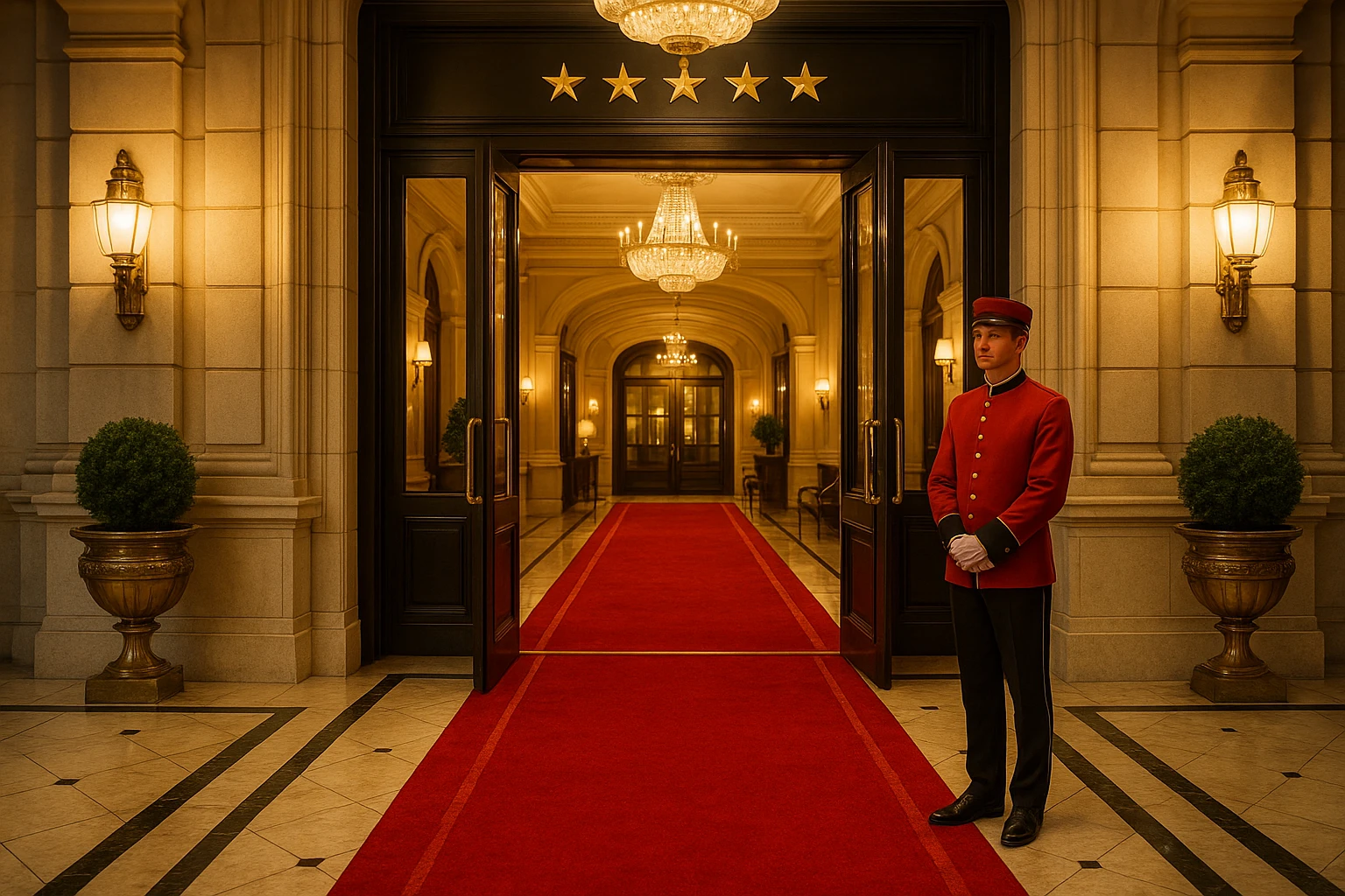 5 star hotel, bellhop at entrance, red carpet, classic luxury emoji