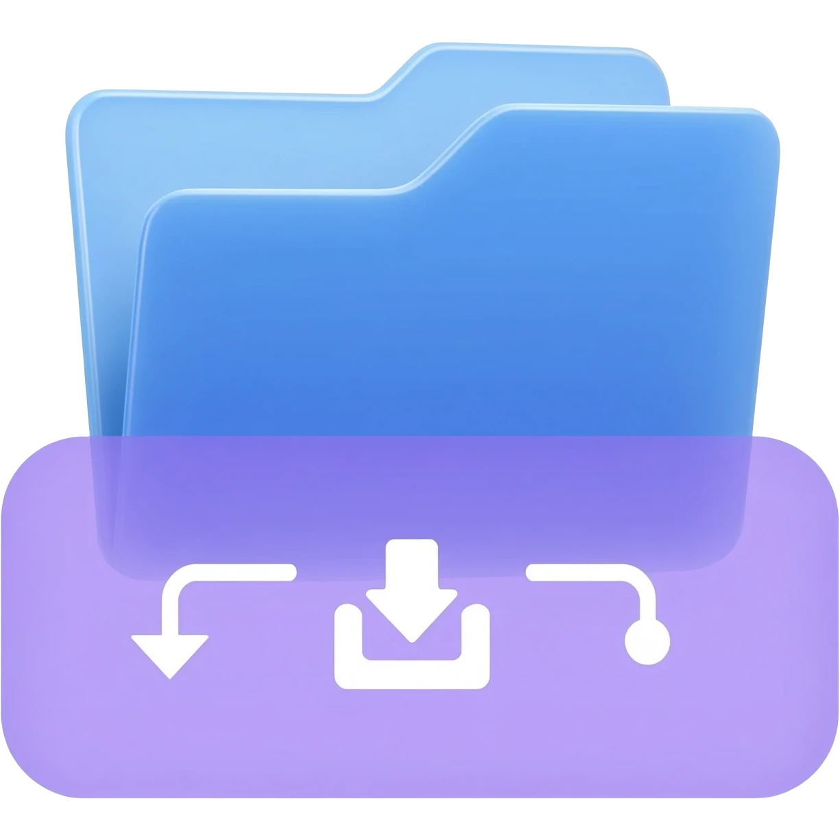"A blue digital folder placed over a regular file folder, with a soft purple glow effect and an arrow indicating file upload and download with japan word." emoji