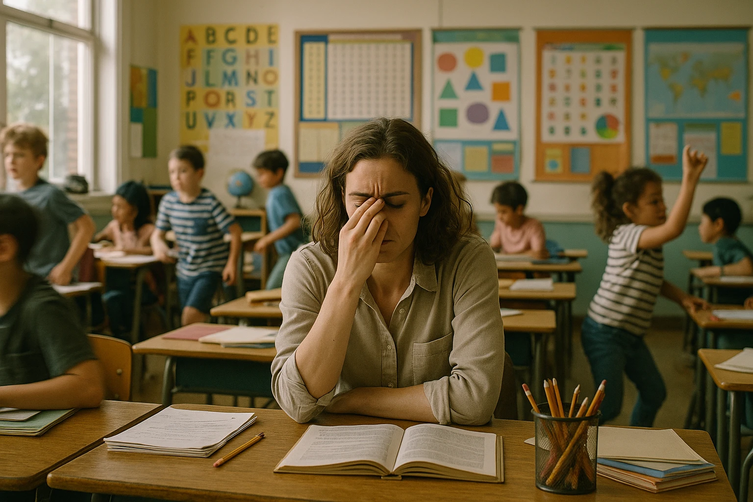 photograph of exhausted teacher in a bustling classroom emoji