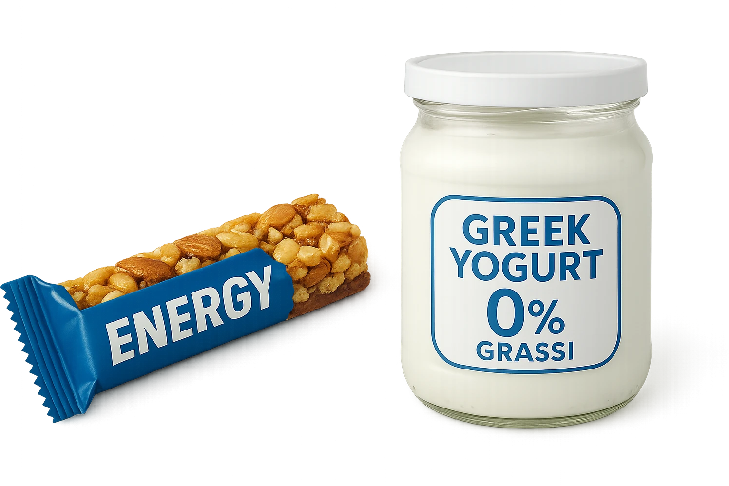 BARRETTA ENERGETICA E BARATTOLO DI YOGURT GRECO CON  LA SCRITTA "0% grassi" SULL'ETICHETTA  , ISOLATA SU SFONDO BIANCO emoji