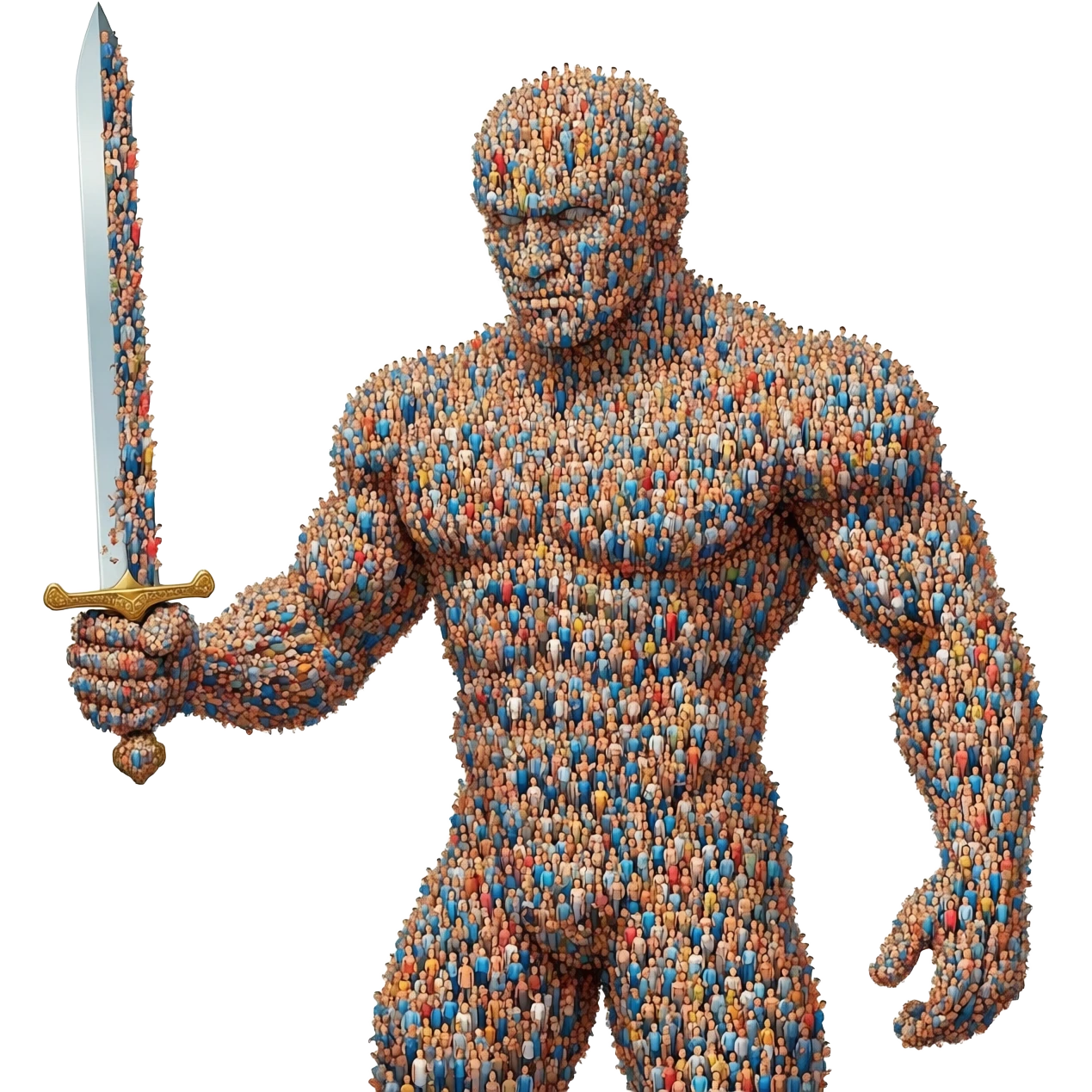 A colossal crowned humanoid figure made of thousands of tiny human bodies forming its skin, symbolizing a collective sovereign, holding a sword in one hand emoji