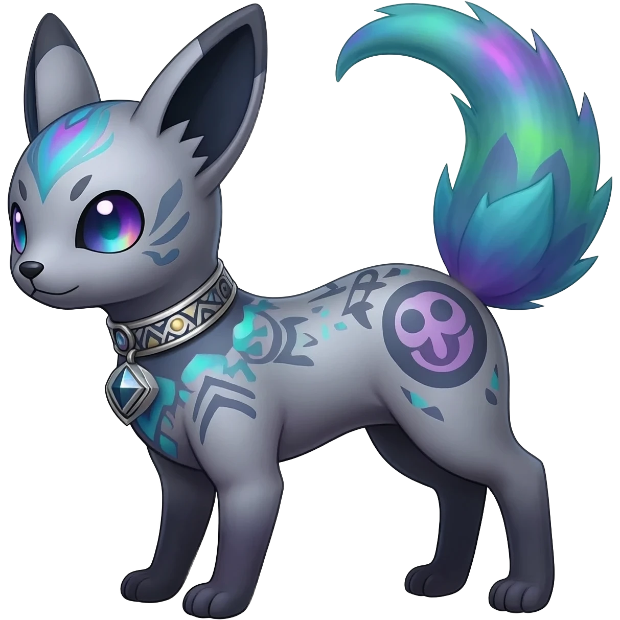 Rar iridescent silvery exotic cute epic aesthetic gothic colorful Salandit-Eevee-Civet-species-Fakemon-hybrid-creature, with a collar, and with intricate tribal markings, full body emoji