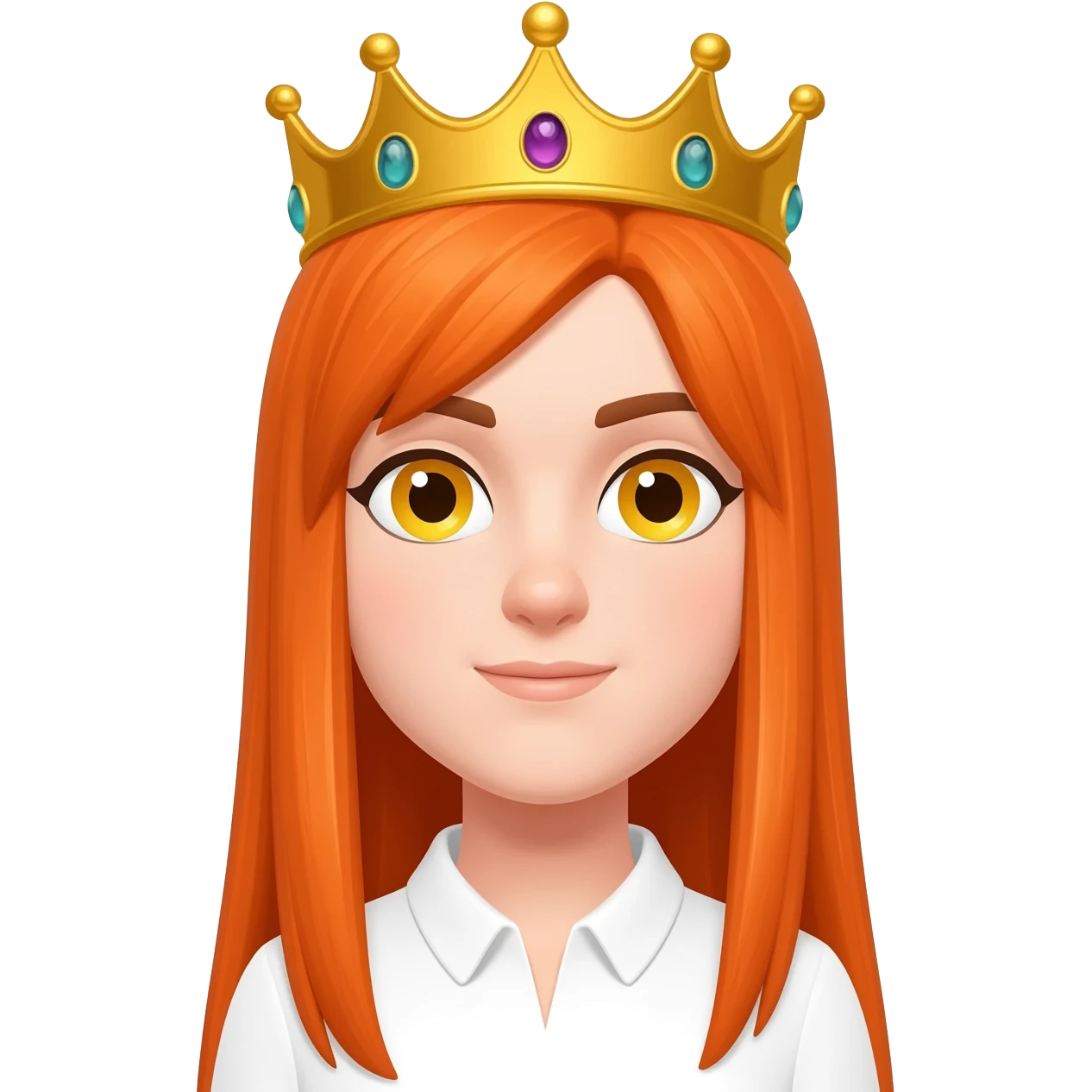 White girl with orange long straight hair and yellow eyes with a crown on her head and a white shirt on brown eyebrows emoji