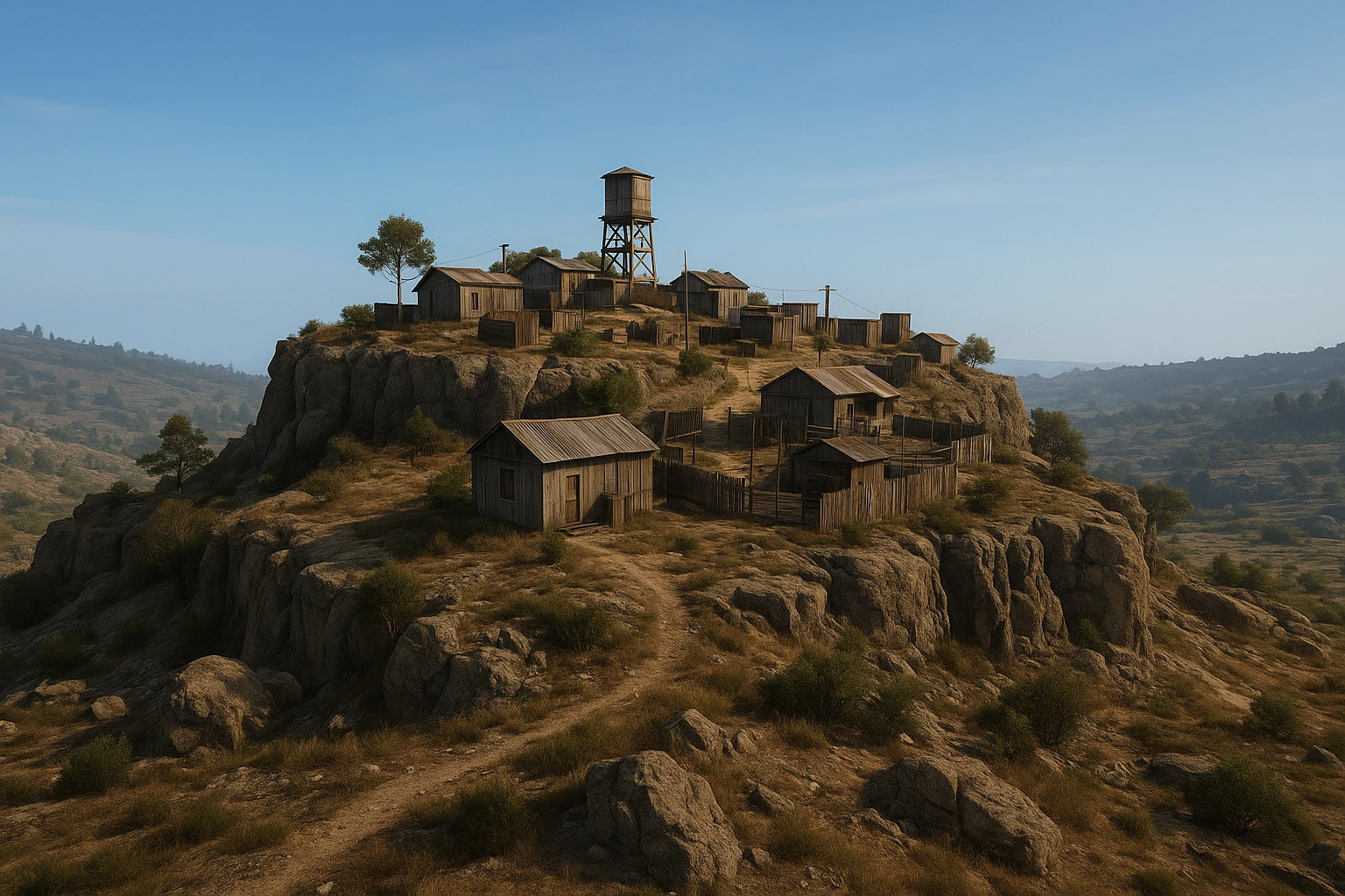 A small hilltop mesa city in the videogame dayz, screenshoot  emoji