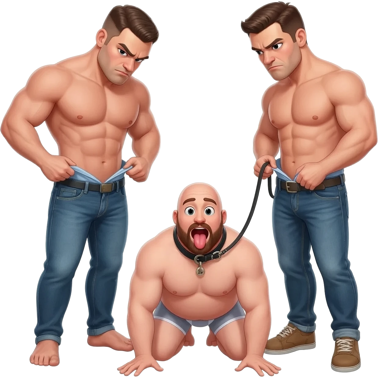 Two mean looking  shirtless stocky men with tight jeans unbuttoning their jeans and surrounding a chubby bald bearded guy in underwear with mouth wide open and tongue out on his hands and knees wearing a collar and leash held by one man realistic style emoji