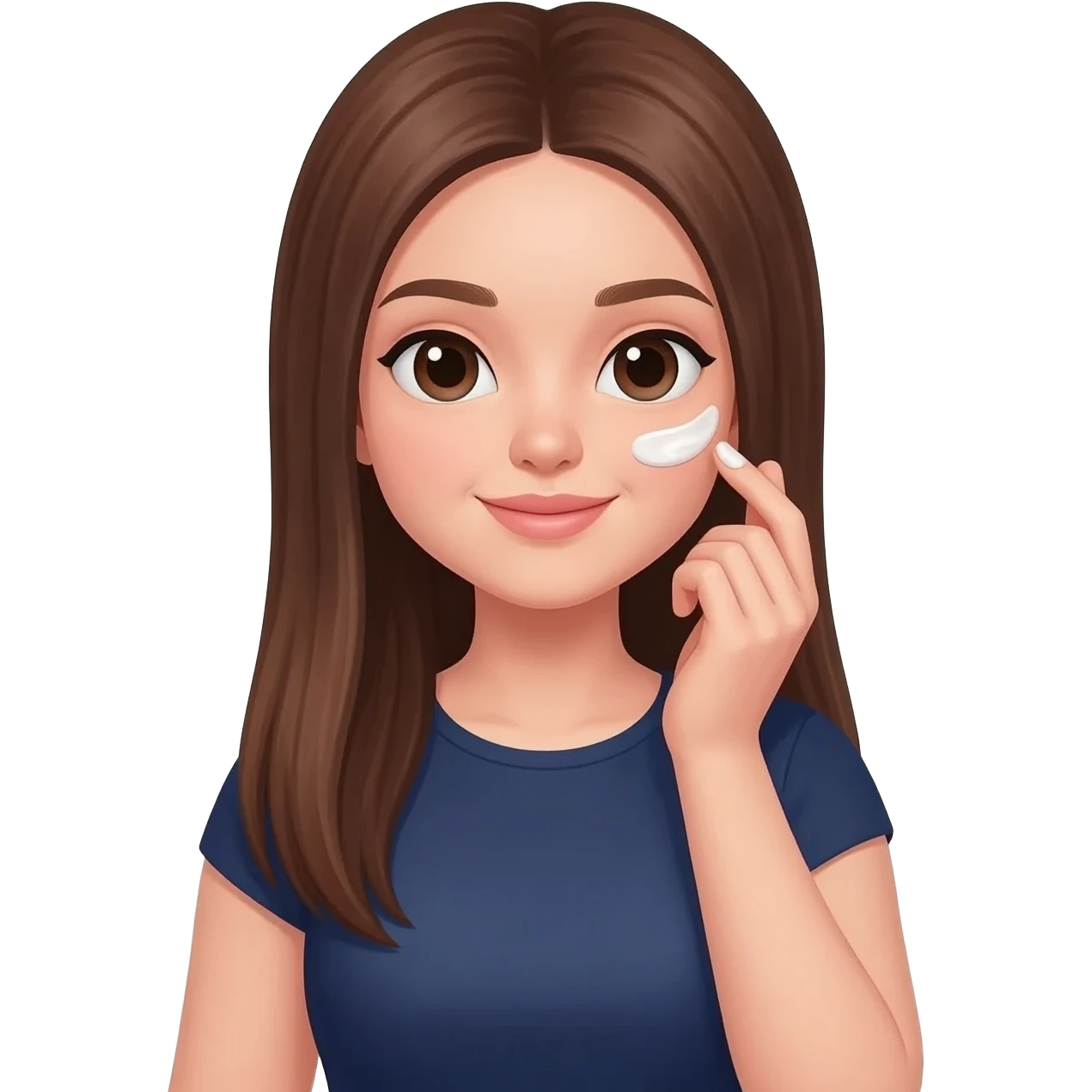 Girl with long straight shiny brown hair and a navy blue slim body on doing skincare emoji