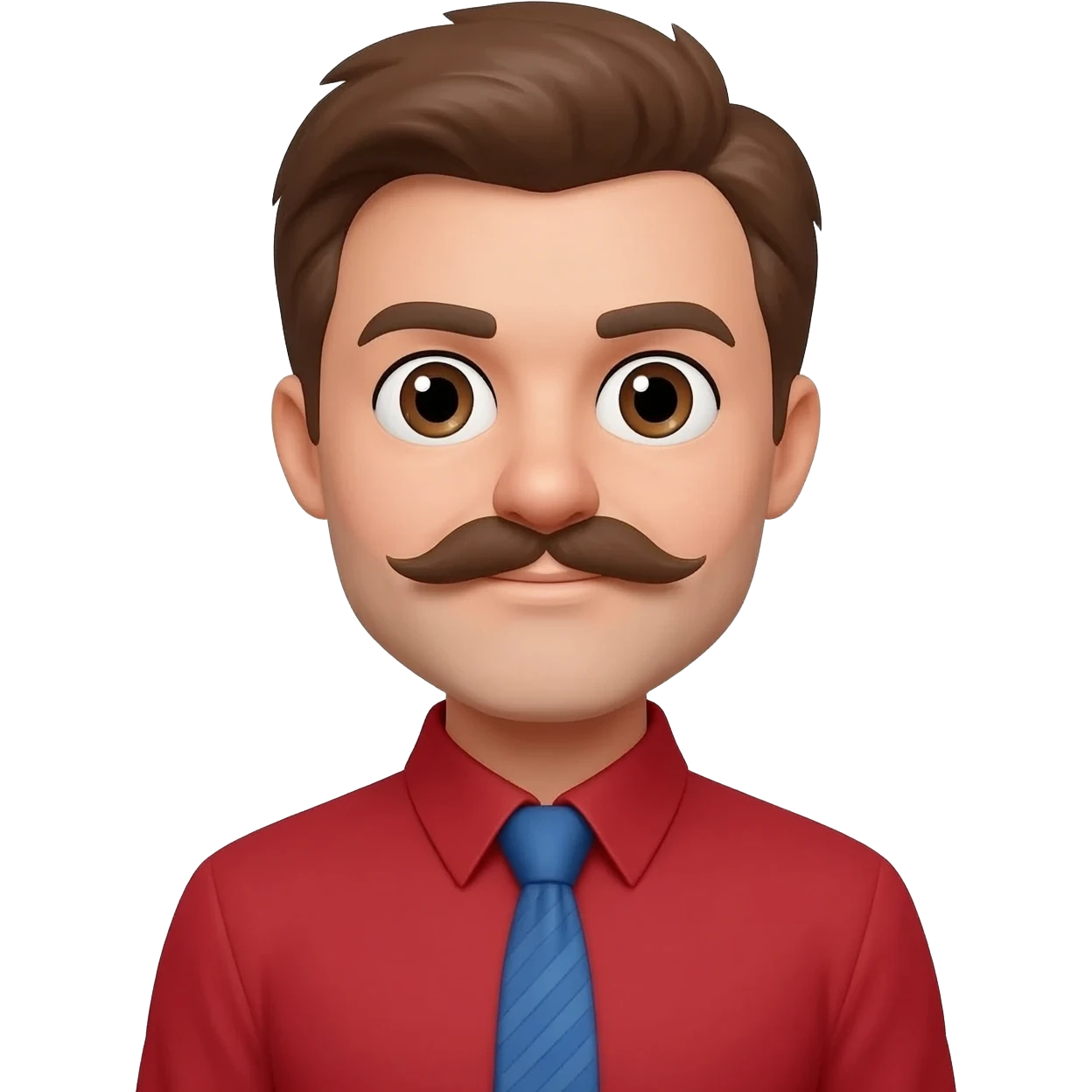 A white man with brown hair on the side of his head and back of his head, brown moustache with a circular shaped nose, and a red shirt with a blue tie emoji