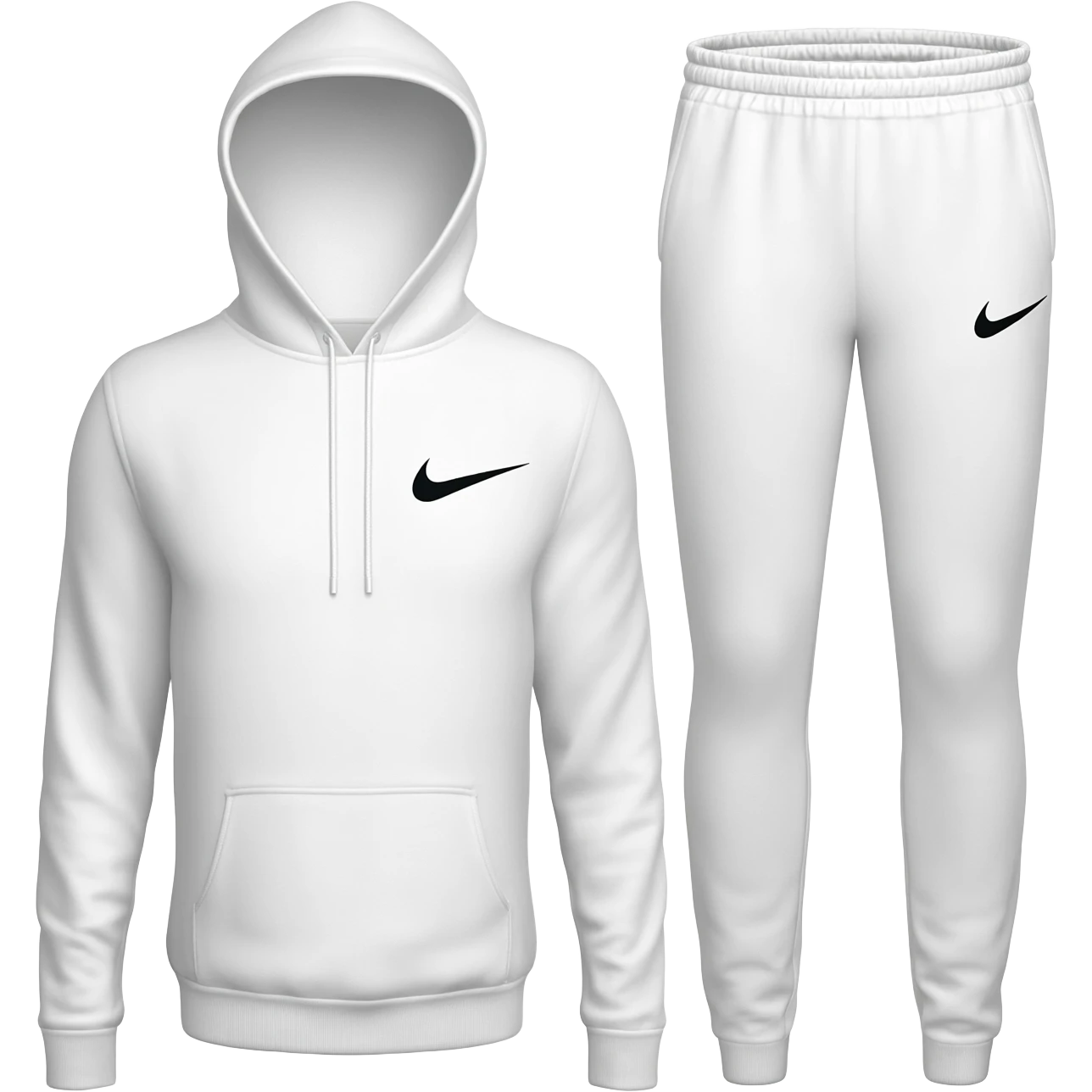 White Nike Tech fleece hoodie and matching joggers only, no model. Clean studio shot, plain white background. Visible swoosh logos, slim fit, zip details. No shoes, no extras. emoji