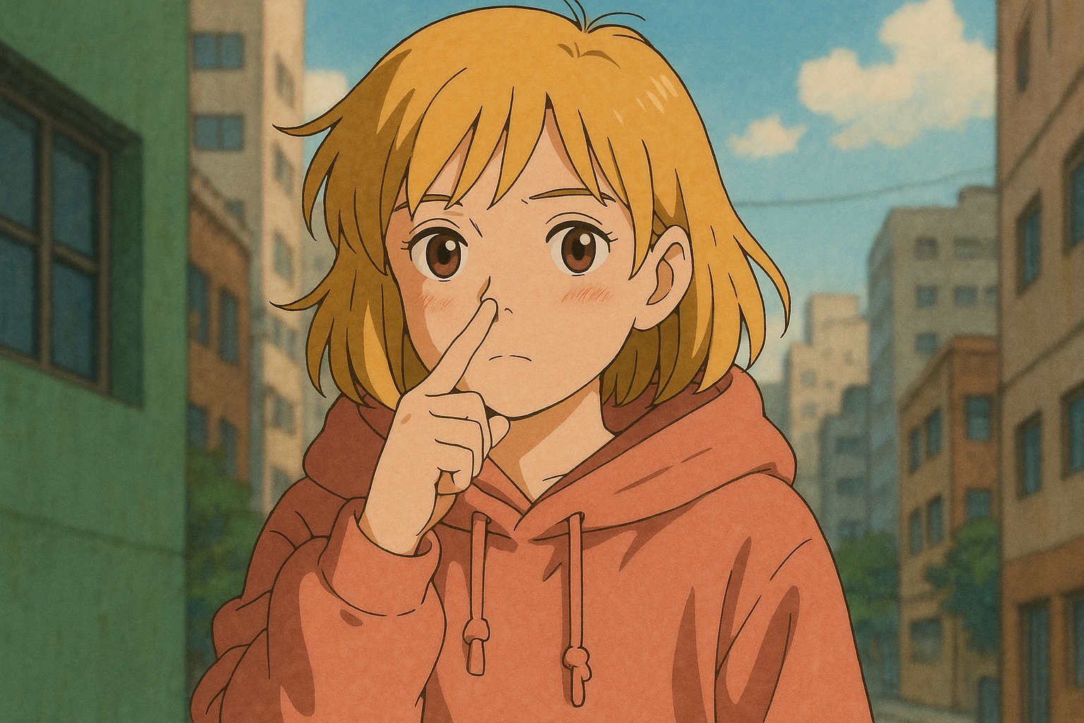 A girl yellow hair brown eyes pink Urban Heavy Loose Fit Hood Sweat touch your nose  emoji