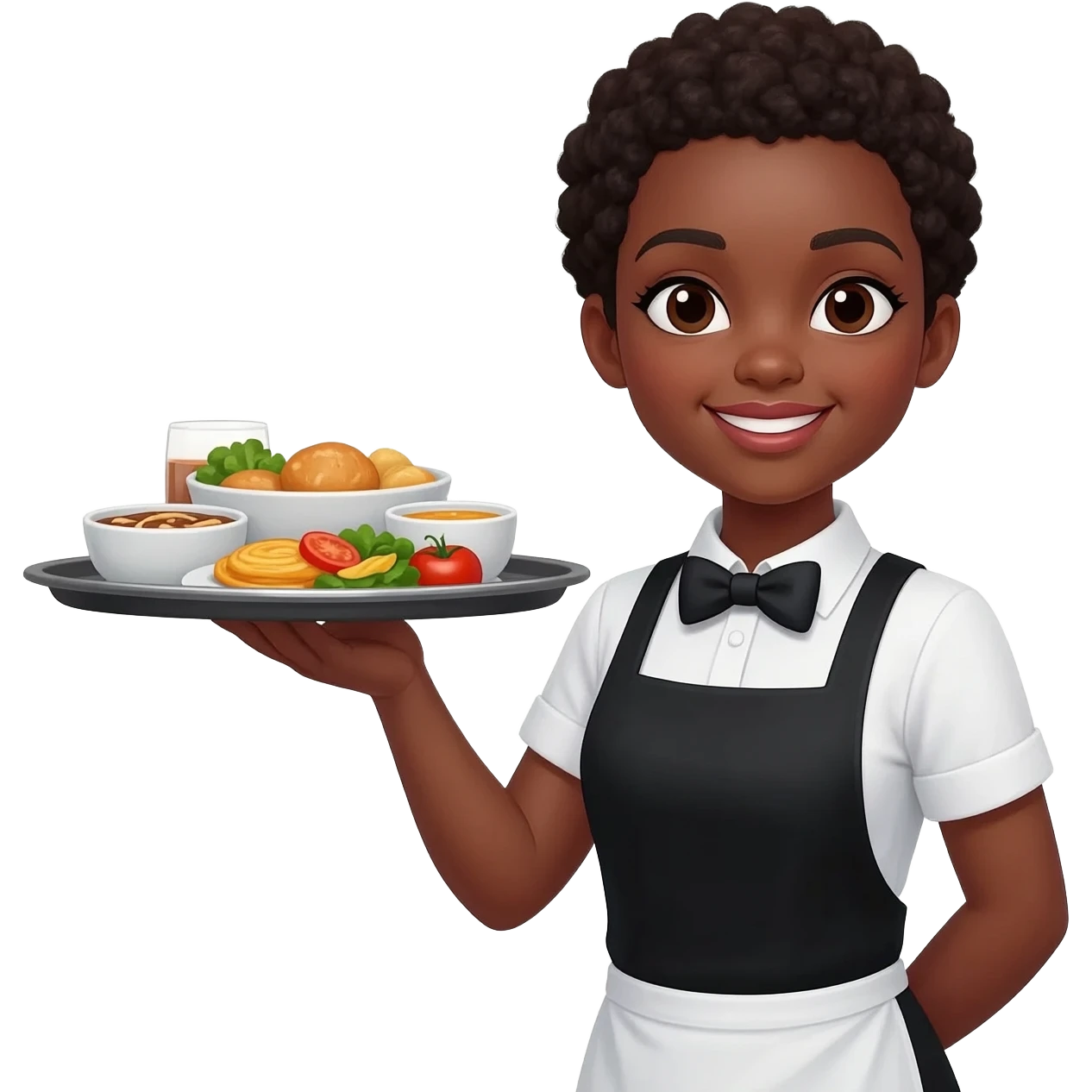 waitress woman with Dark hair and with skin, with meal tray,  emoji emoji