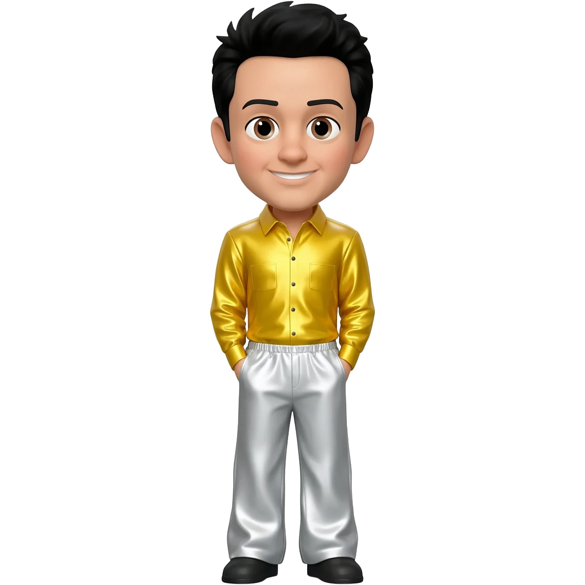 Greg Page from The Wiggles with hazel eyes, black hair, yellow metallic shirt, white metallic baggy pants s emoji