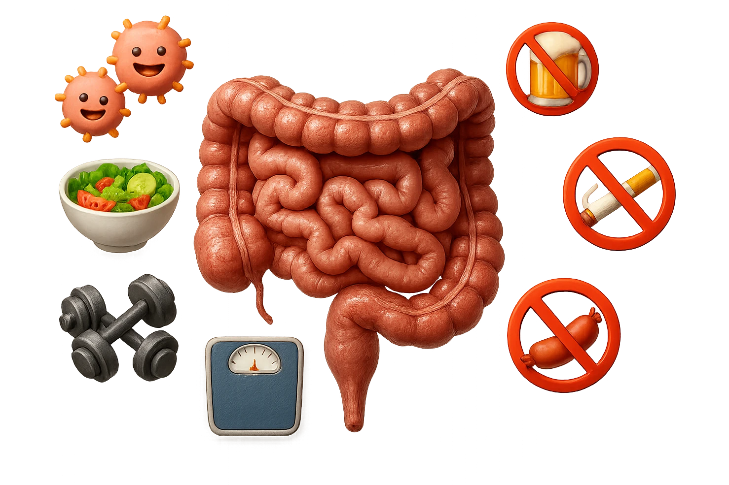 intestino umano anatomico realistico al centro, intorno al quale ruotano emoji stile iphone di: due batteri intestinali felici, una bowl di insalata, una bilancia pesapersone, manubri da palestra, e un boccale di birra con divieto 3d sopra, una sigaretta con divieto 3d sopra e un wurstel con divieto 3d sopra, fluttuano in aria, iperrealistico 4k emoji