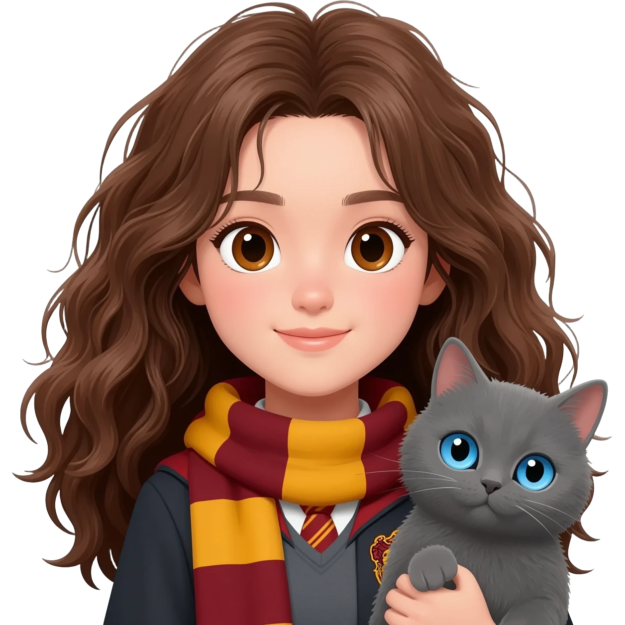 asian ravenclaw girl student with long brown messy wavy hair and brown eyes, holding a gray cat with blue eyes emoji